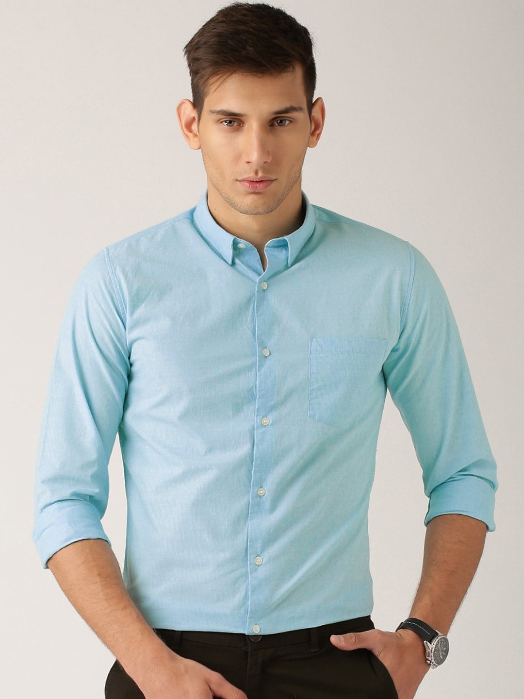 

ether Men Turquoise Blue Slim Fit Antimicrobial Filafil Sustainable Shirt