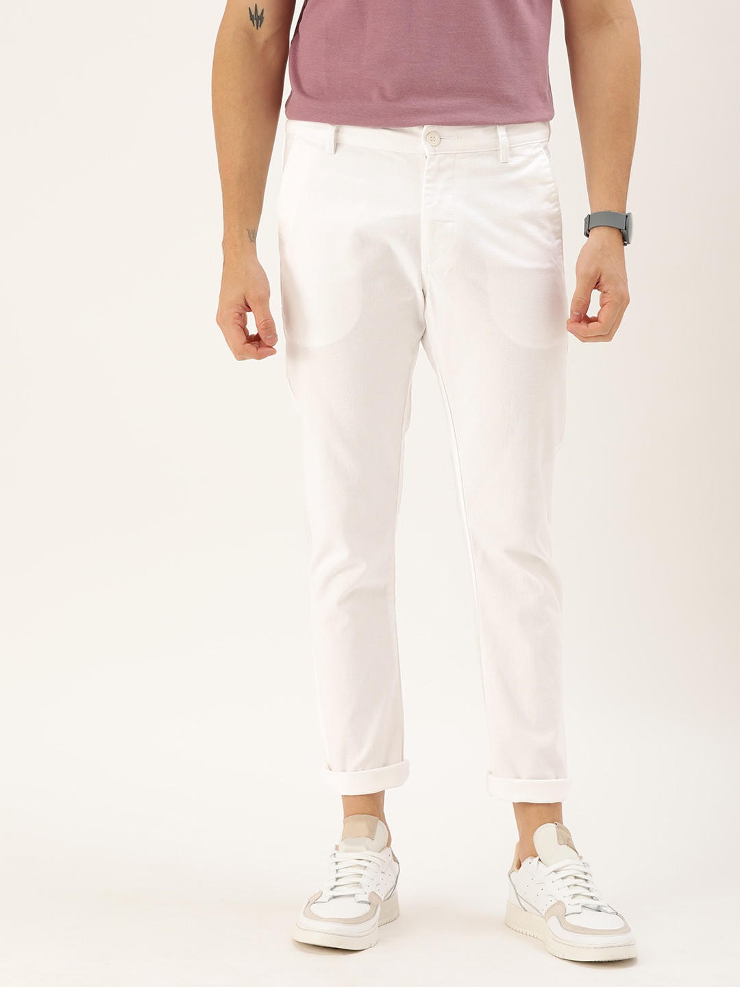

ether Men White Regular Fit Solid Regular Trousers