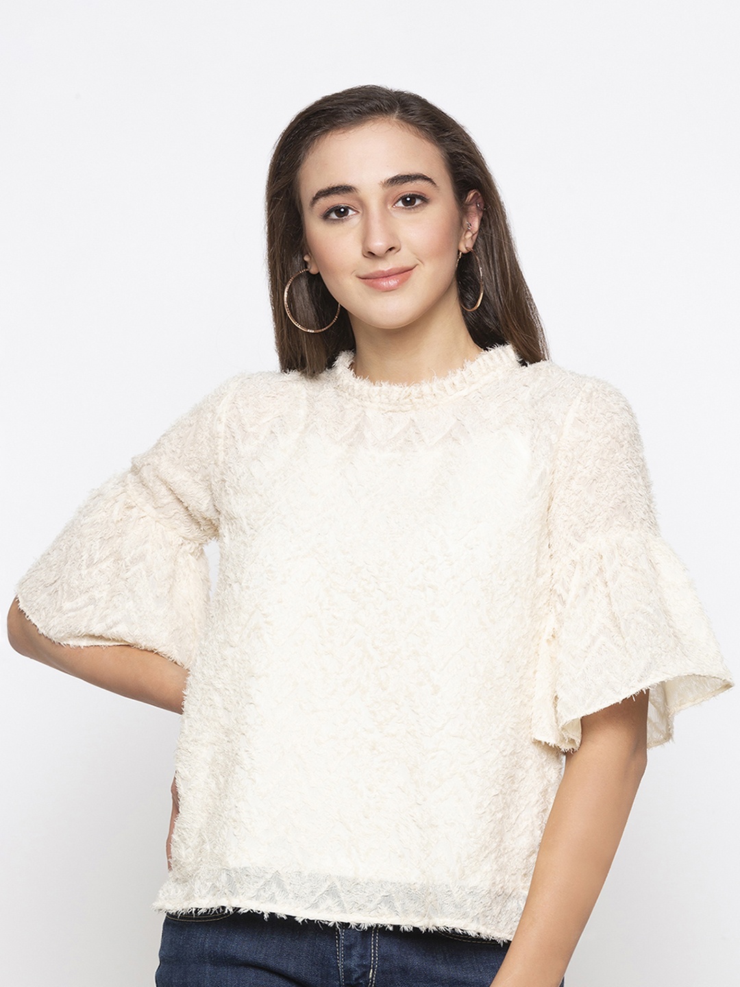 

Globus Women Cream-Coloured Self Design A-Line Pure Cotton Top