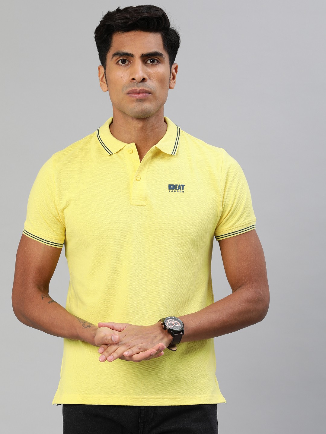 

BEAT LONDON by PEPE JEANS Men Yellow Slim Fit Solid Polo Collar T-shirt