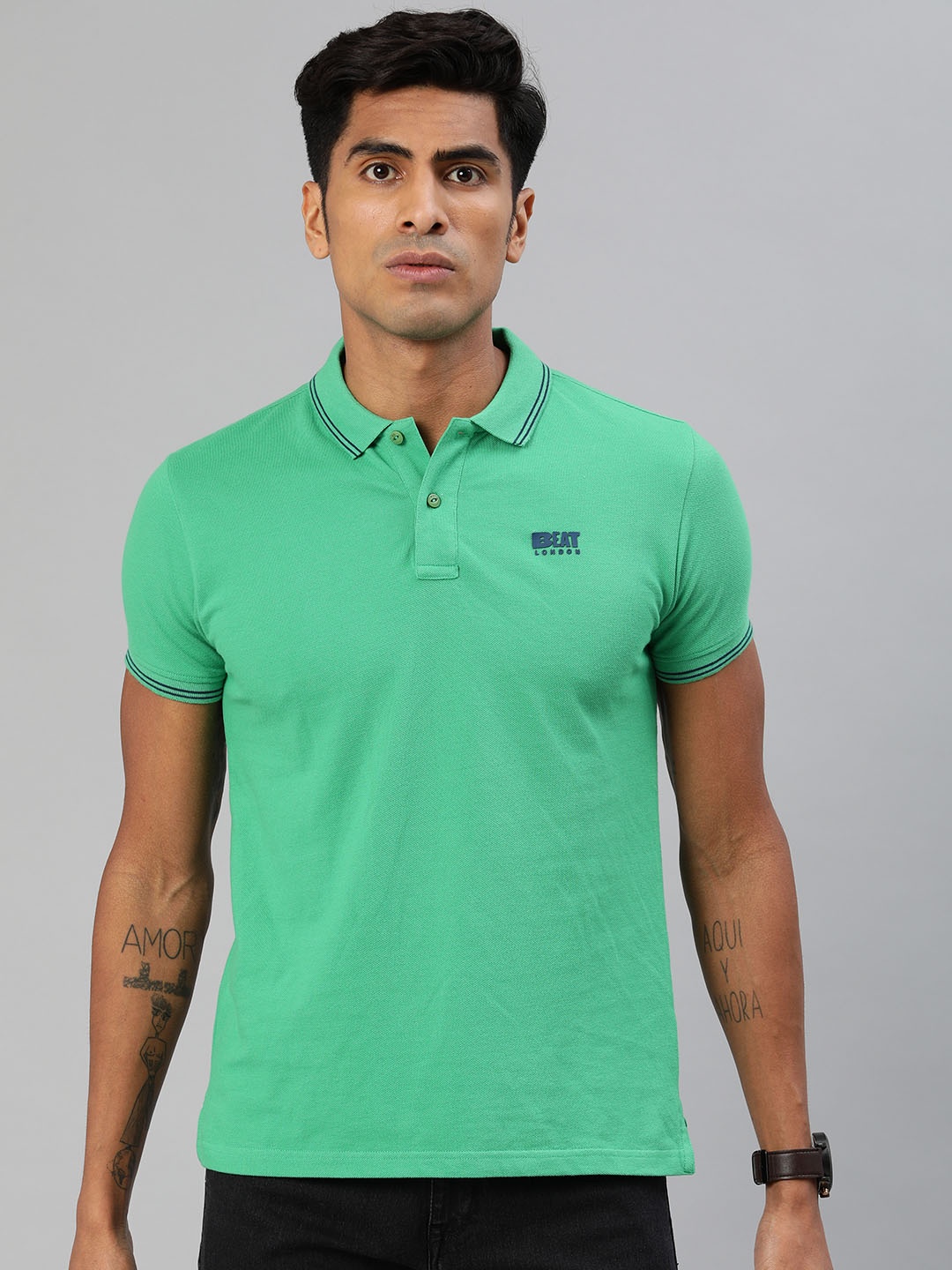 

BEAT LONDON by PEPE JEANS Men Green Solid Slim Fit Polo Collar T-shirt