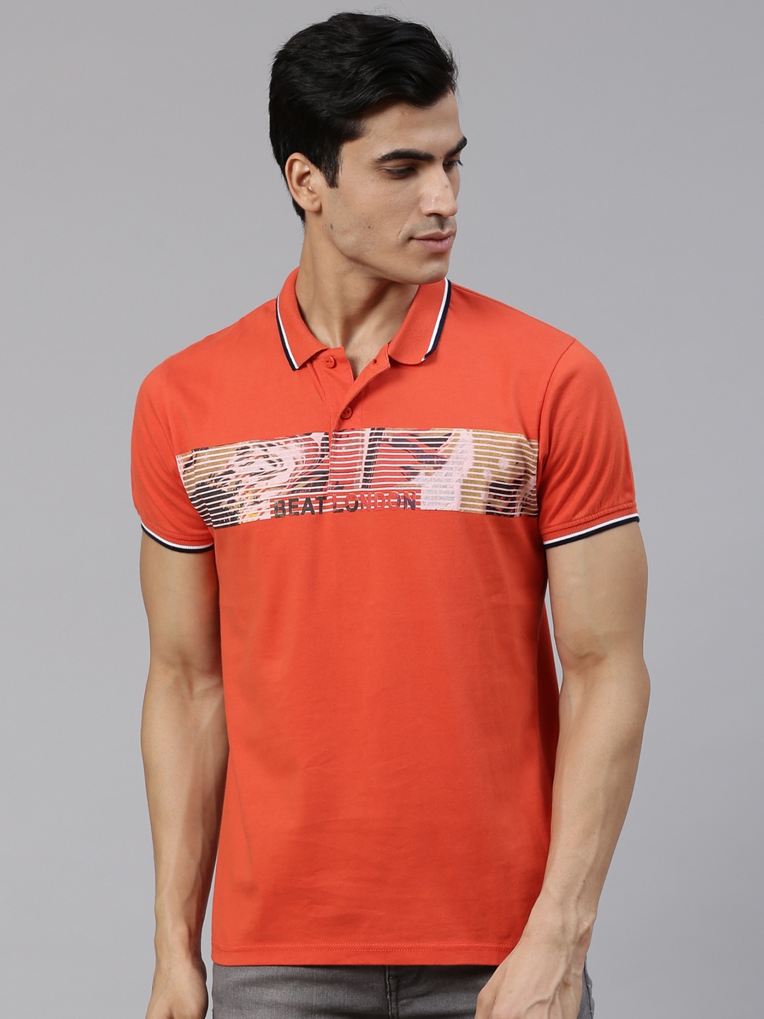 

BEAT LONDON by PEPE JEANS Men Orange Printed Polo Collar Pure Cotton T-shirt