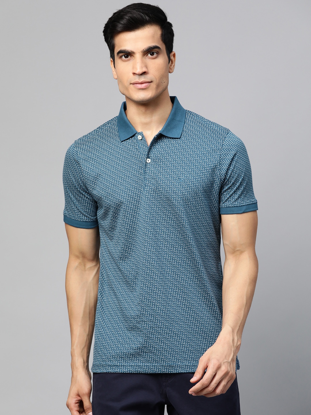 

Blackberrys Men Teal Green White Geometric Printed Polo Collar Pure Cotton T-shirt