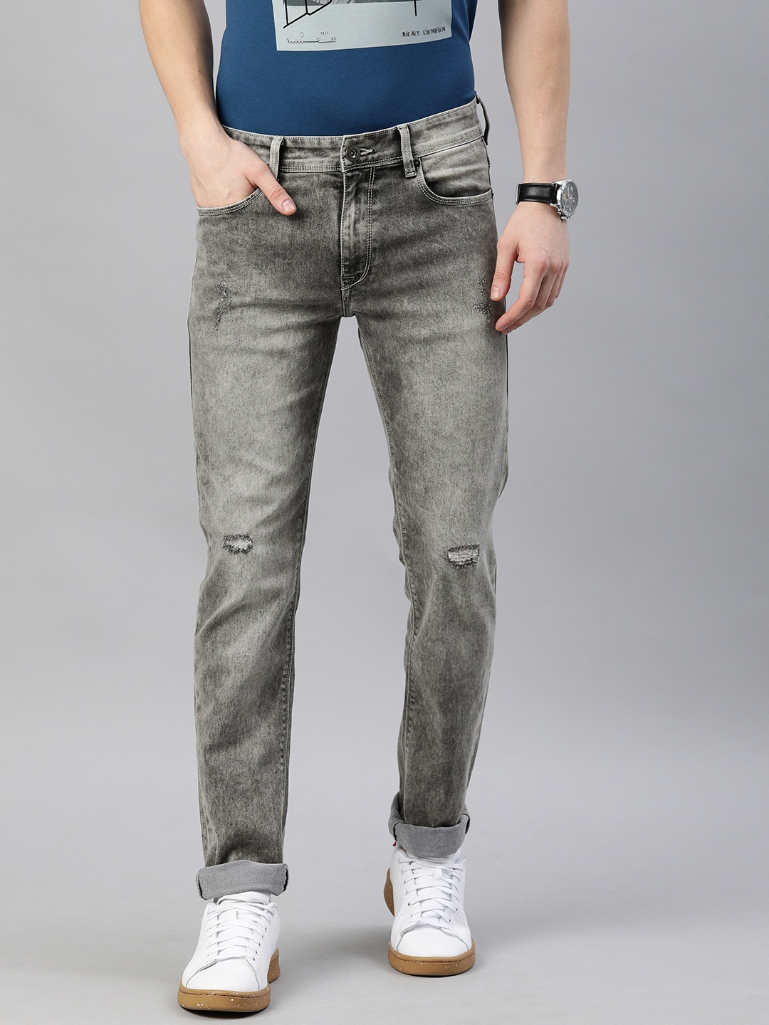 

BEAT LONDON by PEPE JEANS Men Grey Slim Fit Low-Rise Low Distress Stretchable Jeans