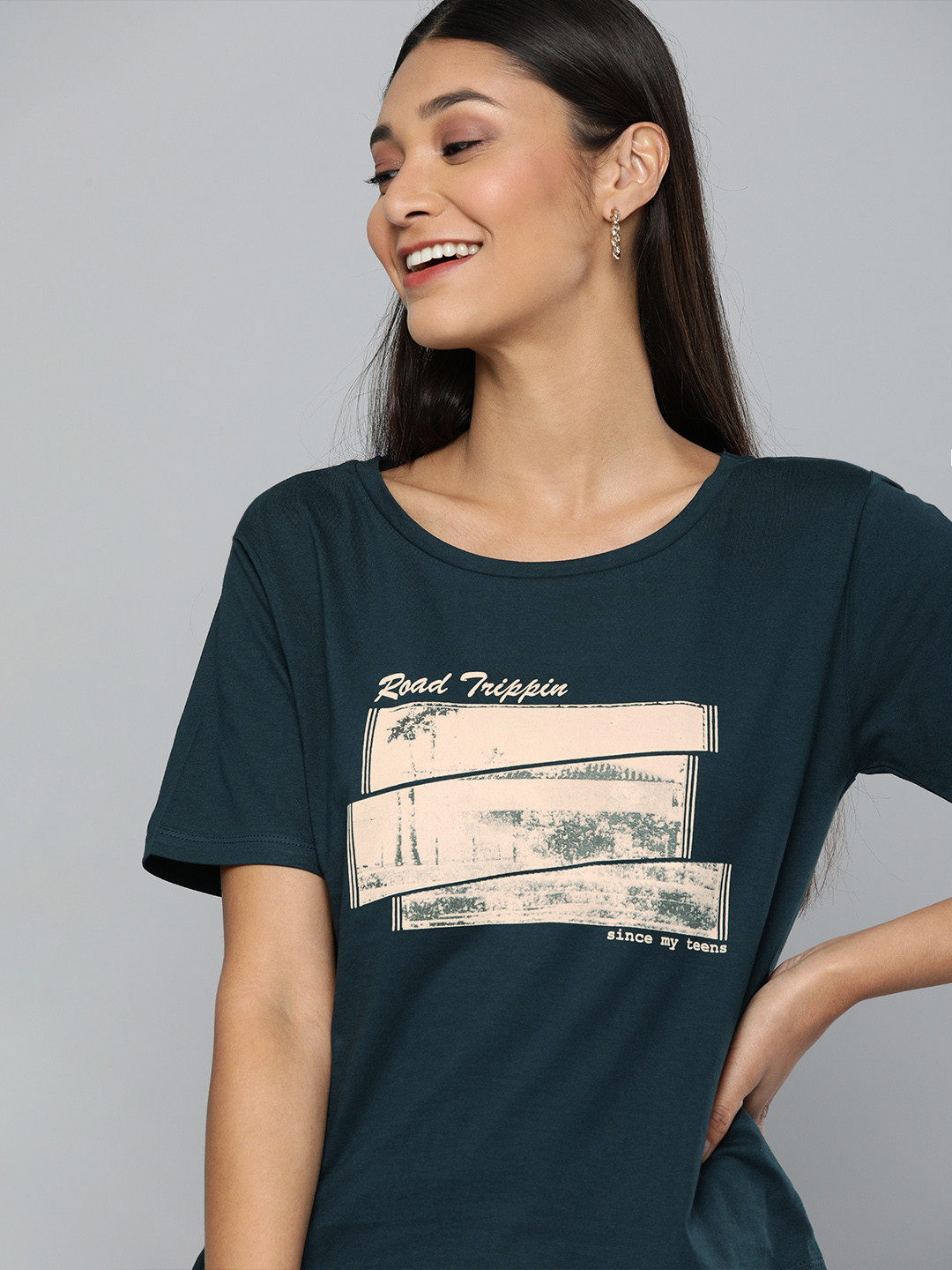 

HERENOW Women Navy Blue Printed Round Neck Pure Cotton T-shirt