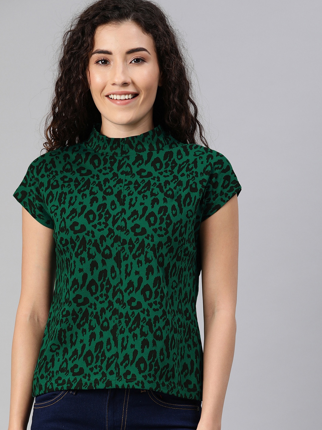 

HERE&NOW Women Green & Black Printed Pure Cotton Top