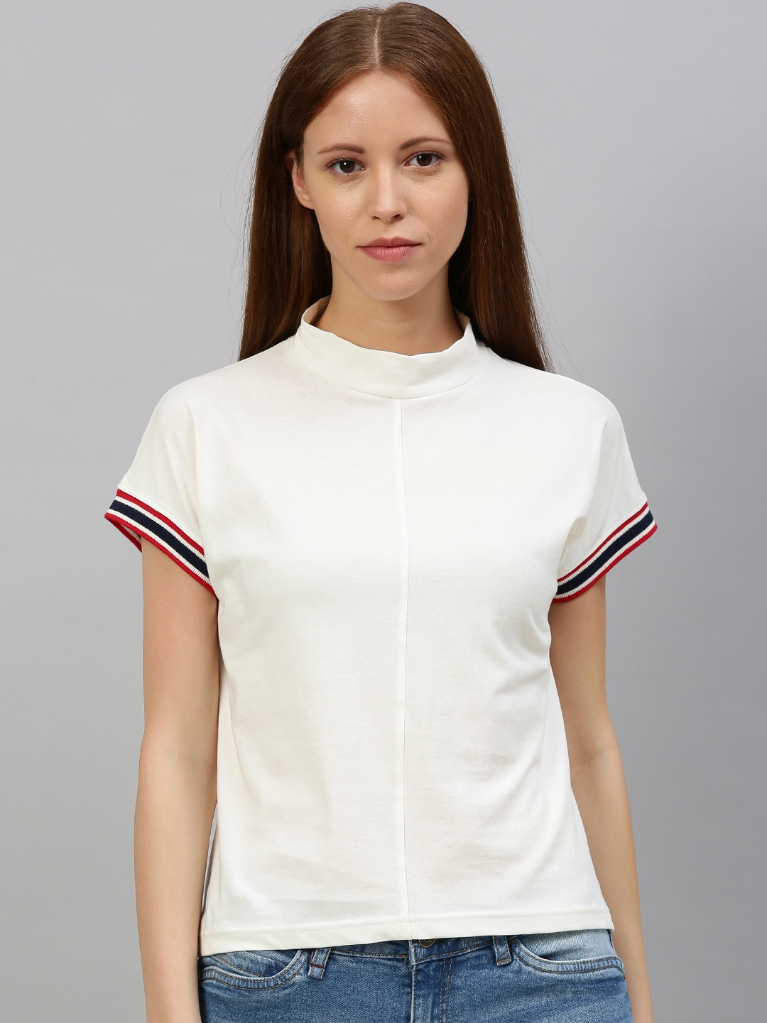 

HERENOW Women White Solid High Neck Pure Cotton T-shirt