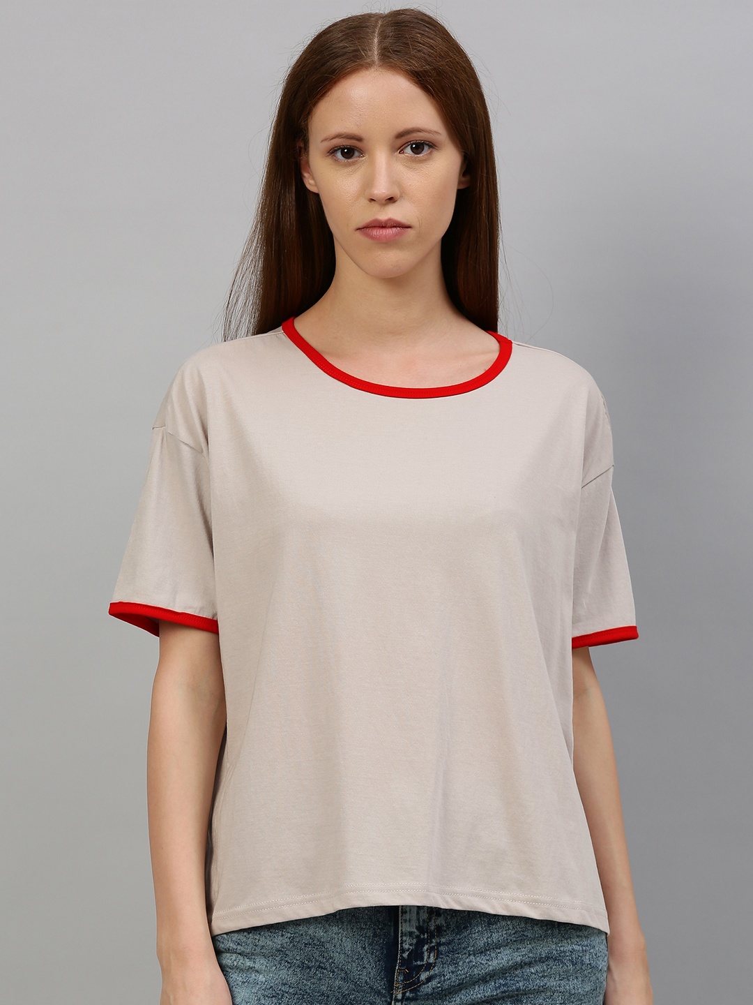 

HERENOW Women Grey Solid Round Neck Pure Cotton T-shirt