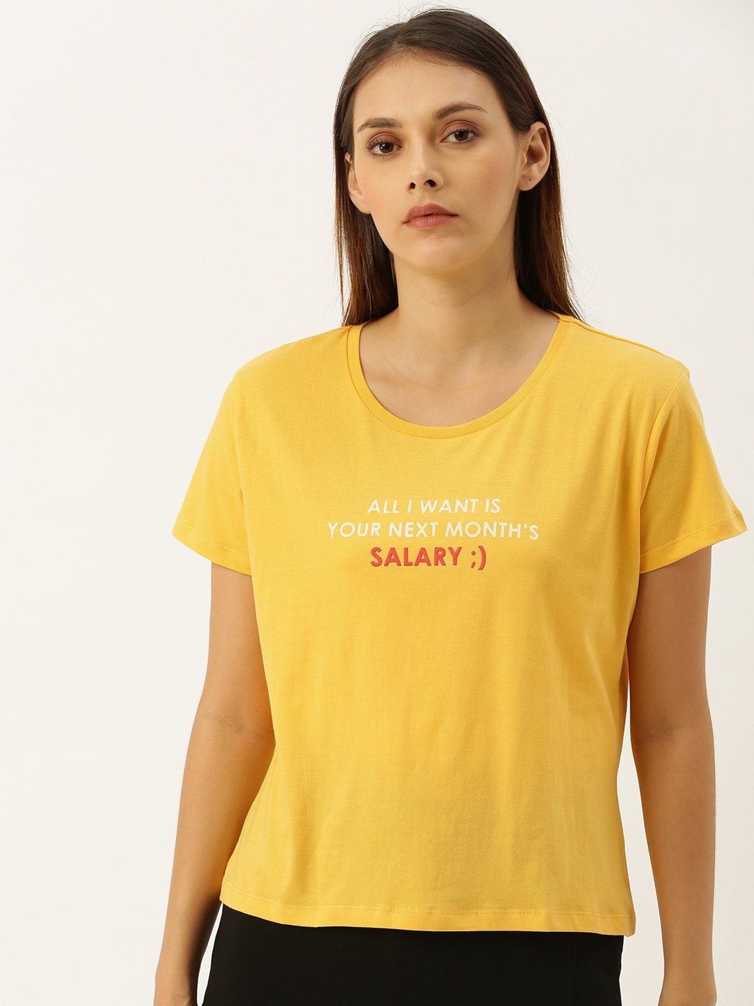 

Moda Rapido Women Yellow Printed Round Neck Pure Cotton T-shirt