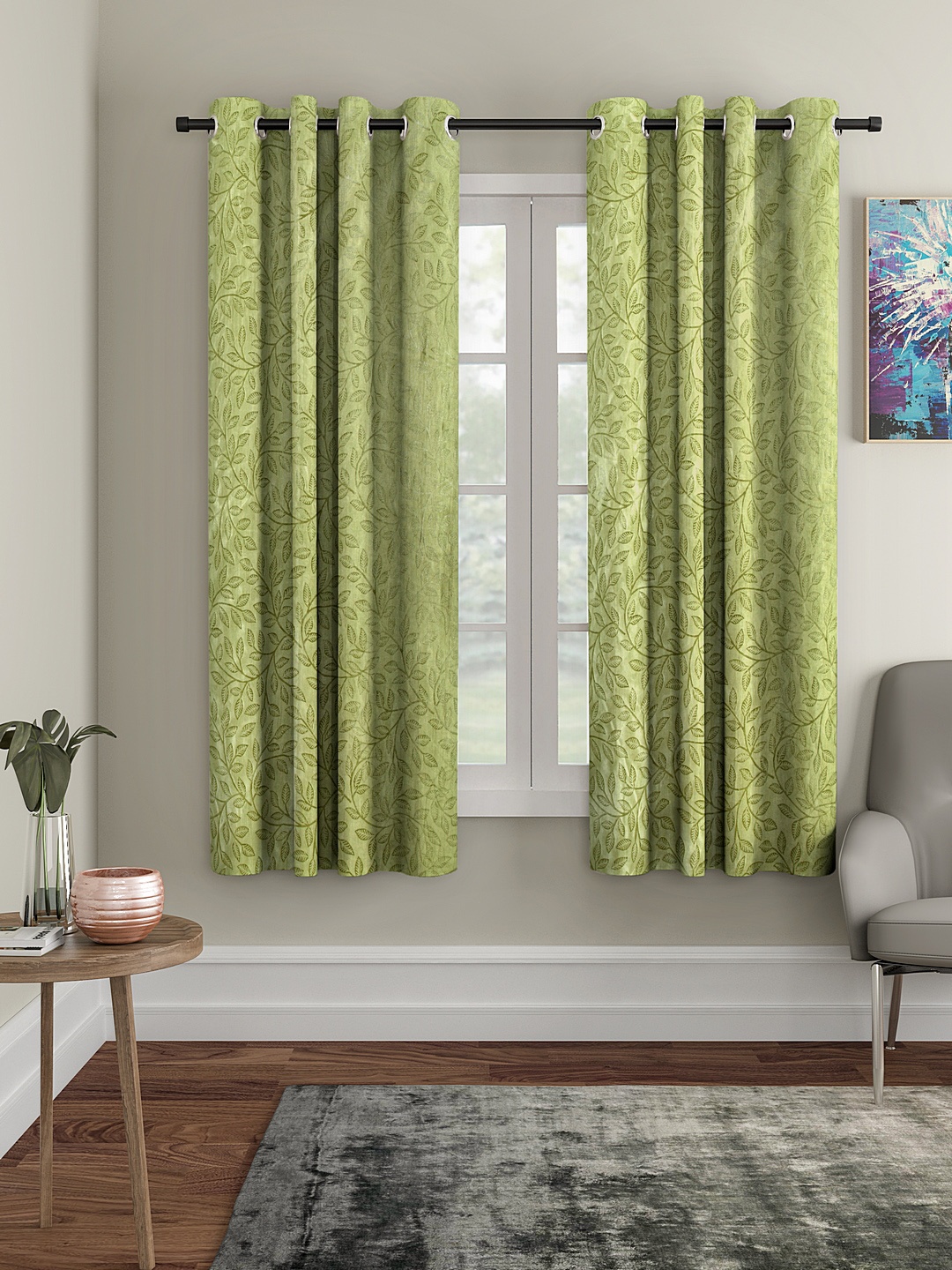 Cortina Set of 2 Green Embossed Leaf Print Polyester Window Curtains