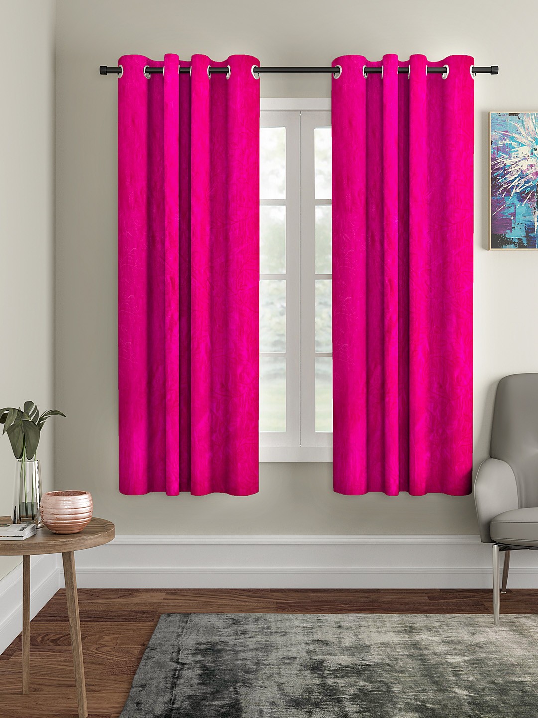 

Cortina Set of 2 Pink Embossed Leaf Print Polyester Window Curtains