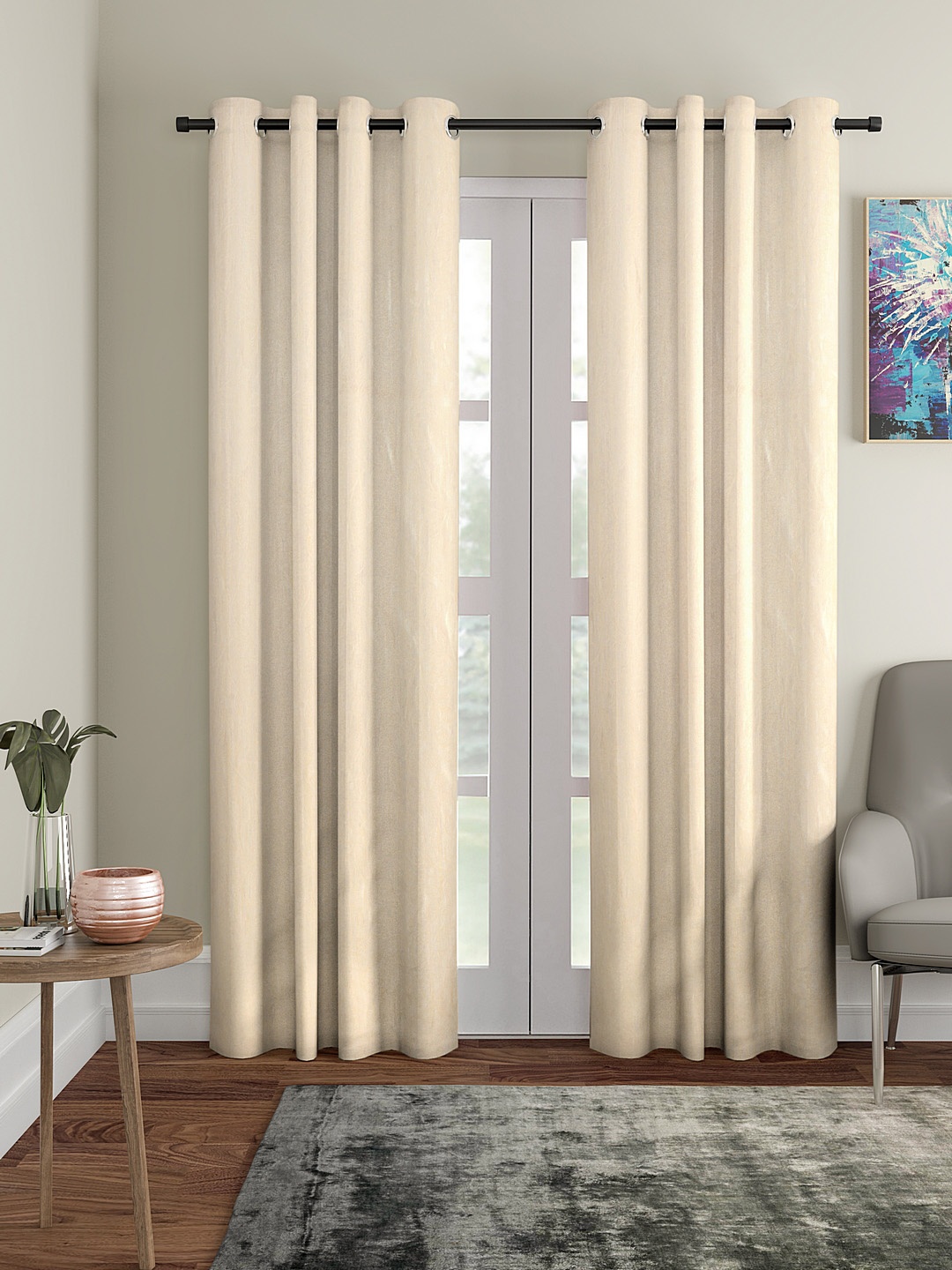 

Cortina Set of 2 Beige Embossed Leaf Print Polyester Long Door Curtains