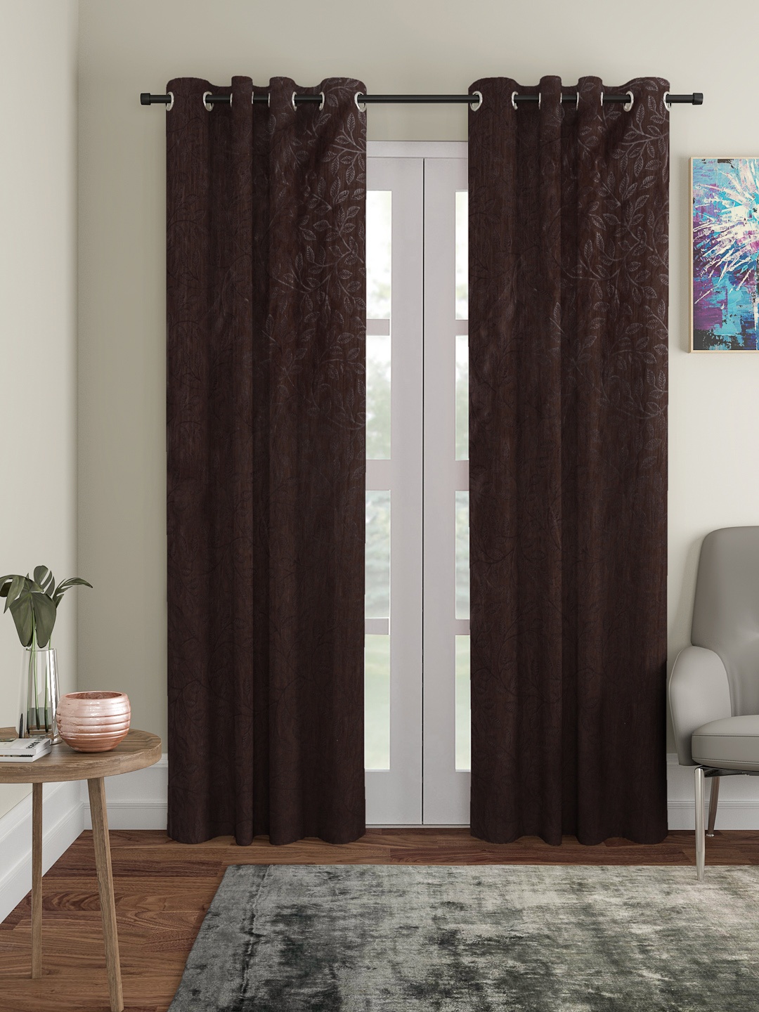 Cortina Coffee Brown Set of 2 Embossed Leaf Print Long Door Curtains