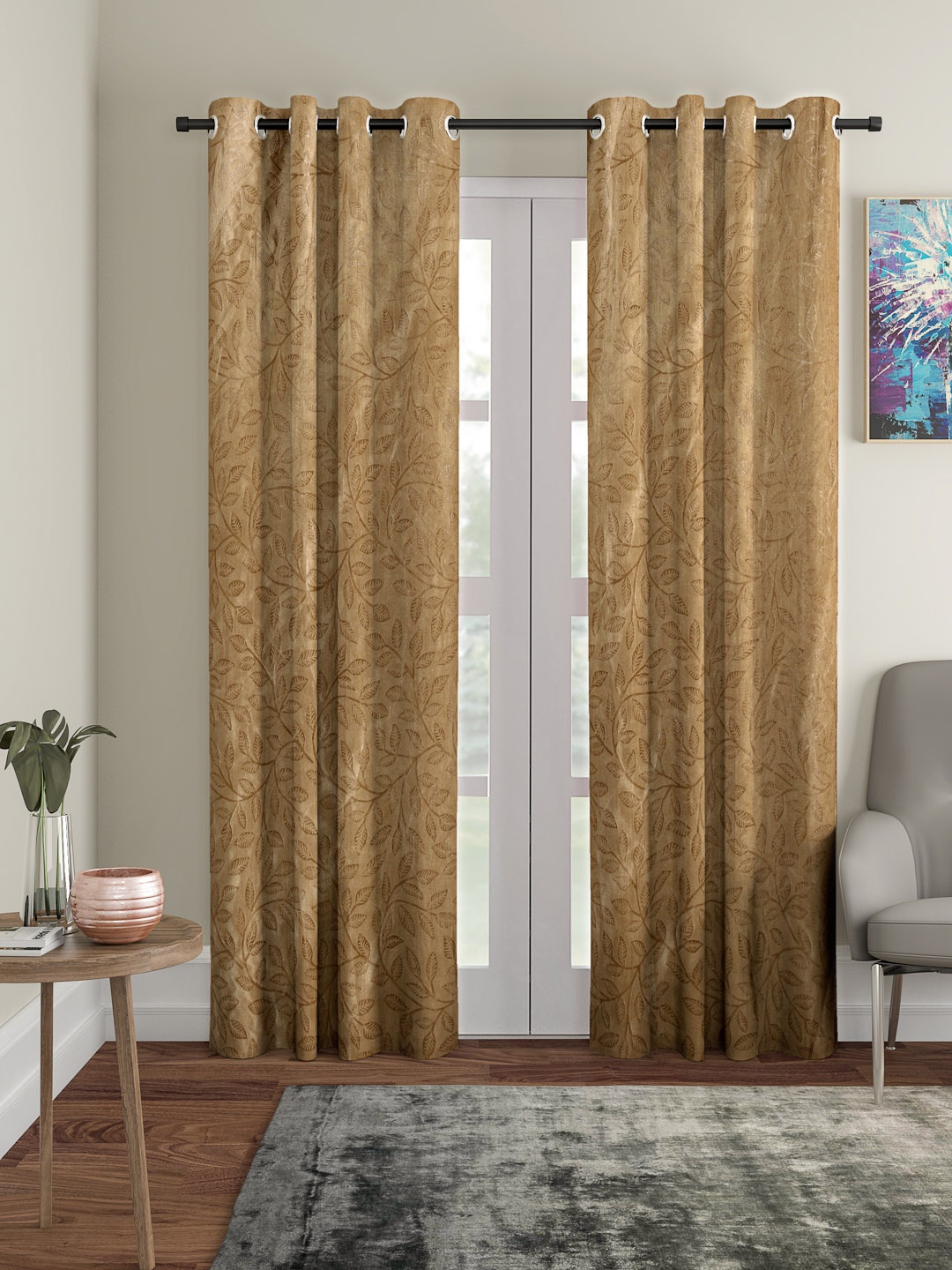 

Cortina Set of 2 Bronze-Coloured Embossed Leaf Print Polyester Long Door Curtains, Gold