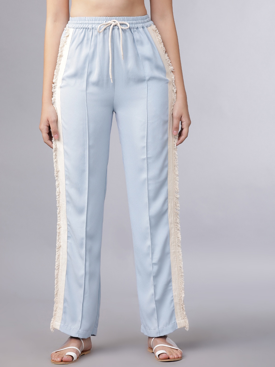 

Tokyo Talkies Women Blue & Off-White Solid Regular Trousers