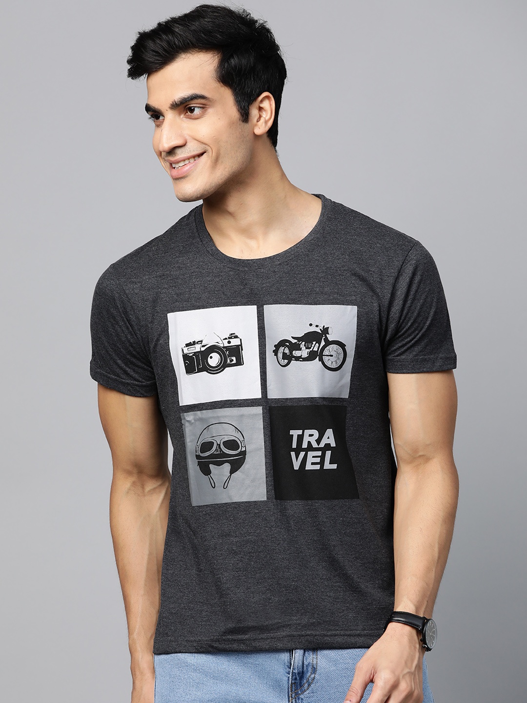 

HERE&NOW Men Charcoal Grey Printed Round Neck T-shirt