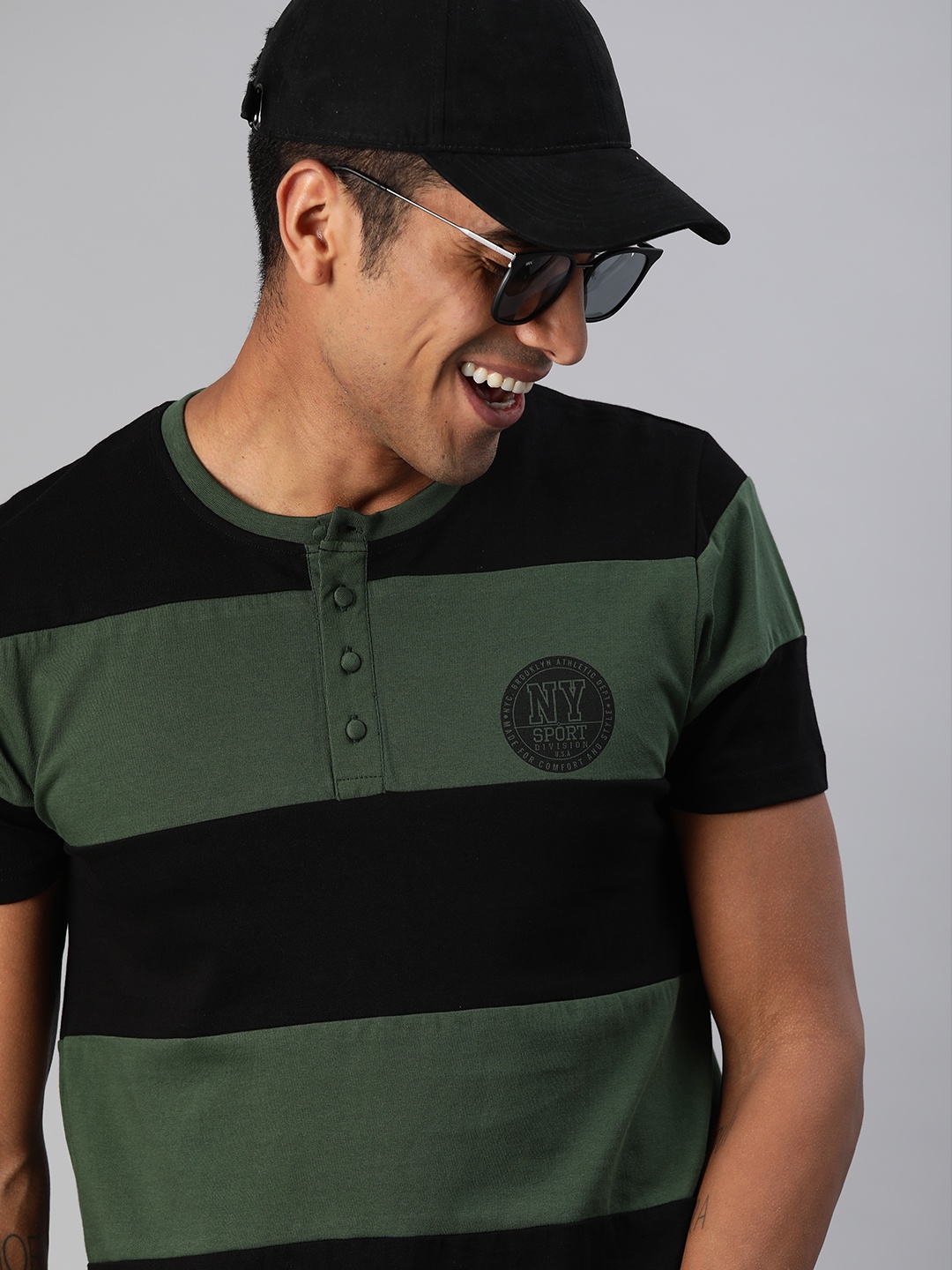

HERENOW Men Black Olive Green Striped Henley Neck Pure Cotton T-shirt