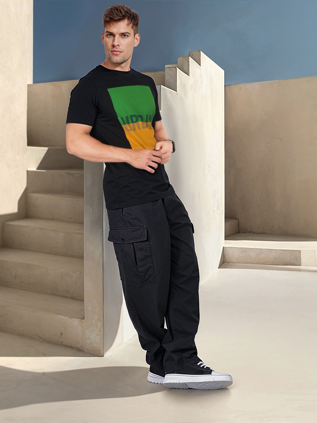 

HERENOW Men Black Green Colourblocked Cotton Pure Cotton T-shirt