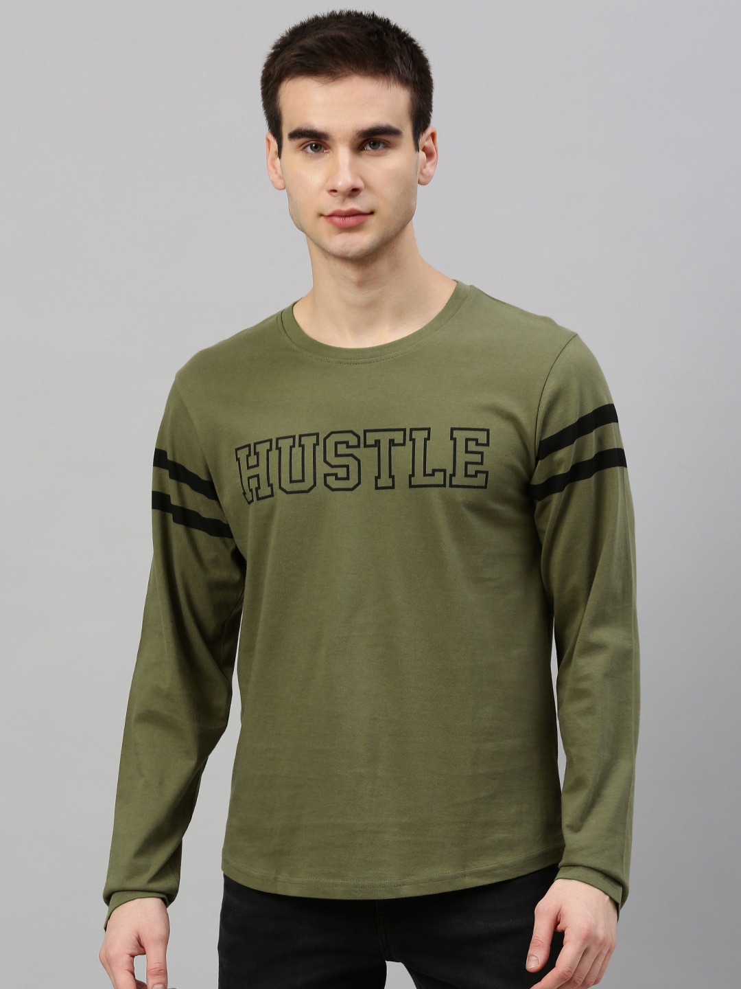 

HERENOW Men Olive Green Printed Round Neck Pure Cotton T-shirt