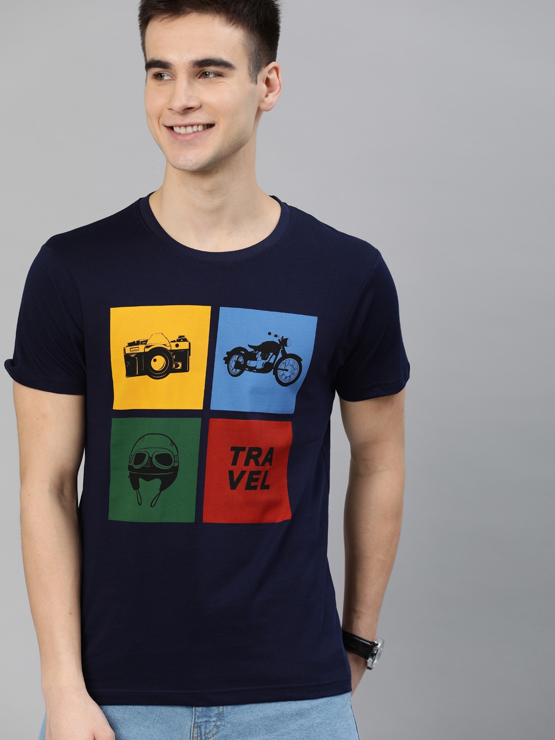 

HERENOW Men Navy Blue Printed Round Neck Pure Cotton T-shirt