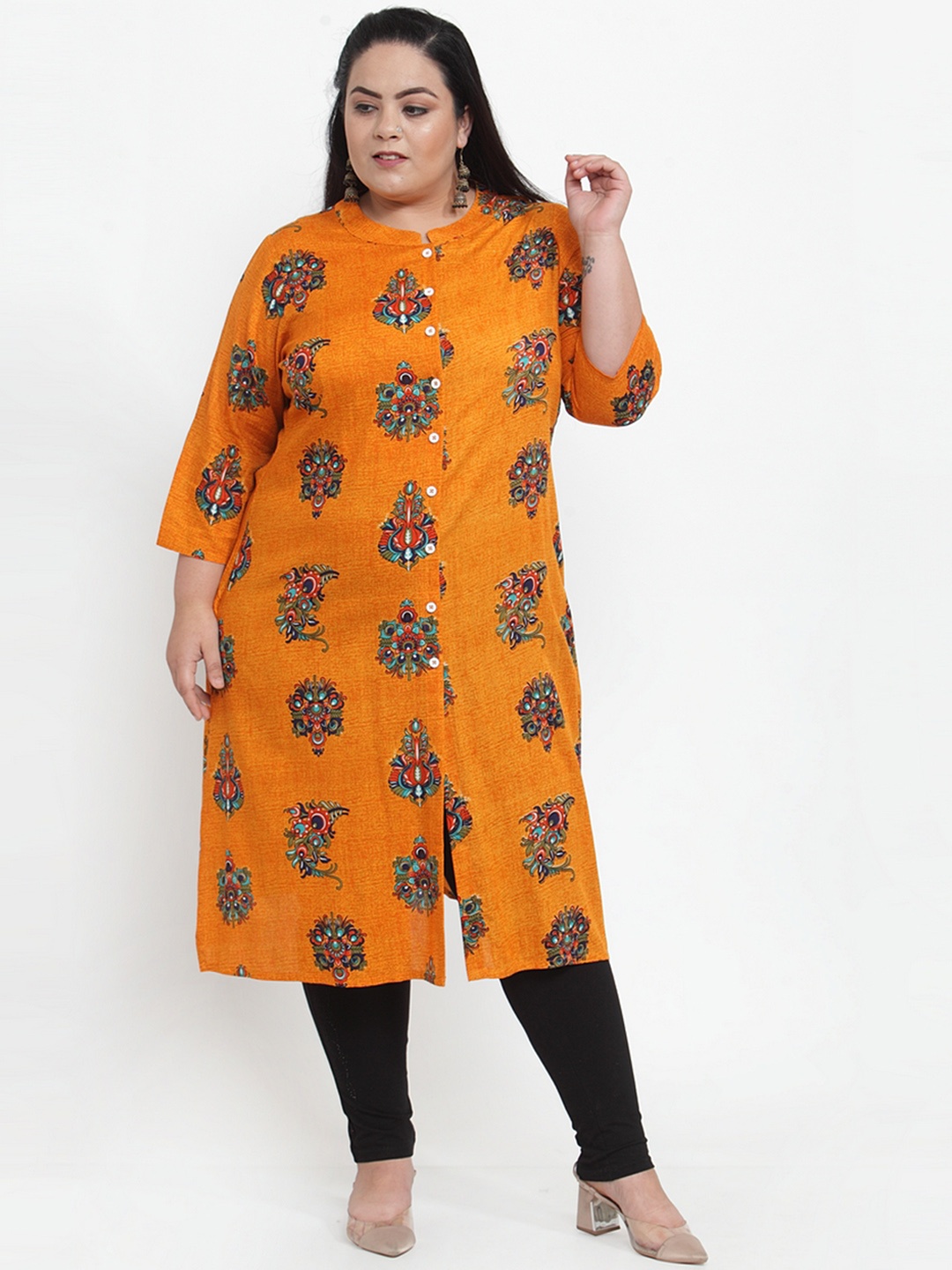 

plusS Women Mustard Yellow Printed Straight Kurta