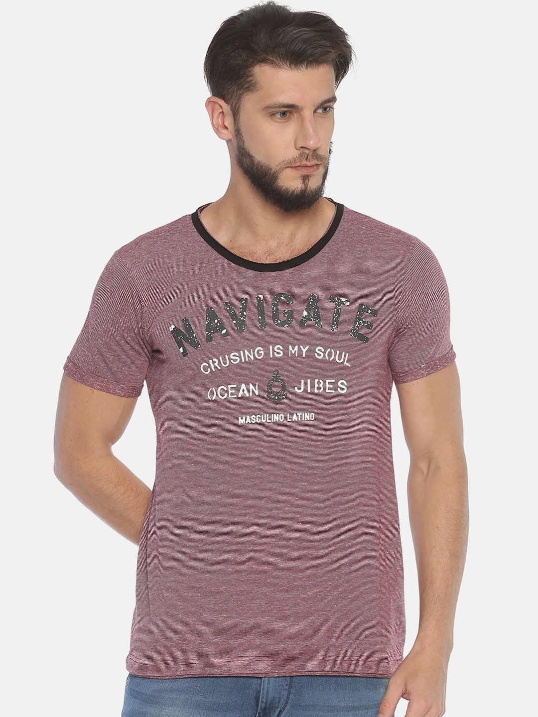 

Masculino Latino Men Maroon Off-White Printed Round Neck Pure Cotton T-shirt