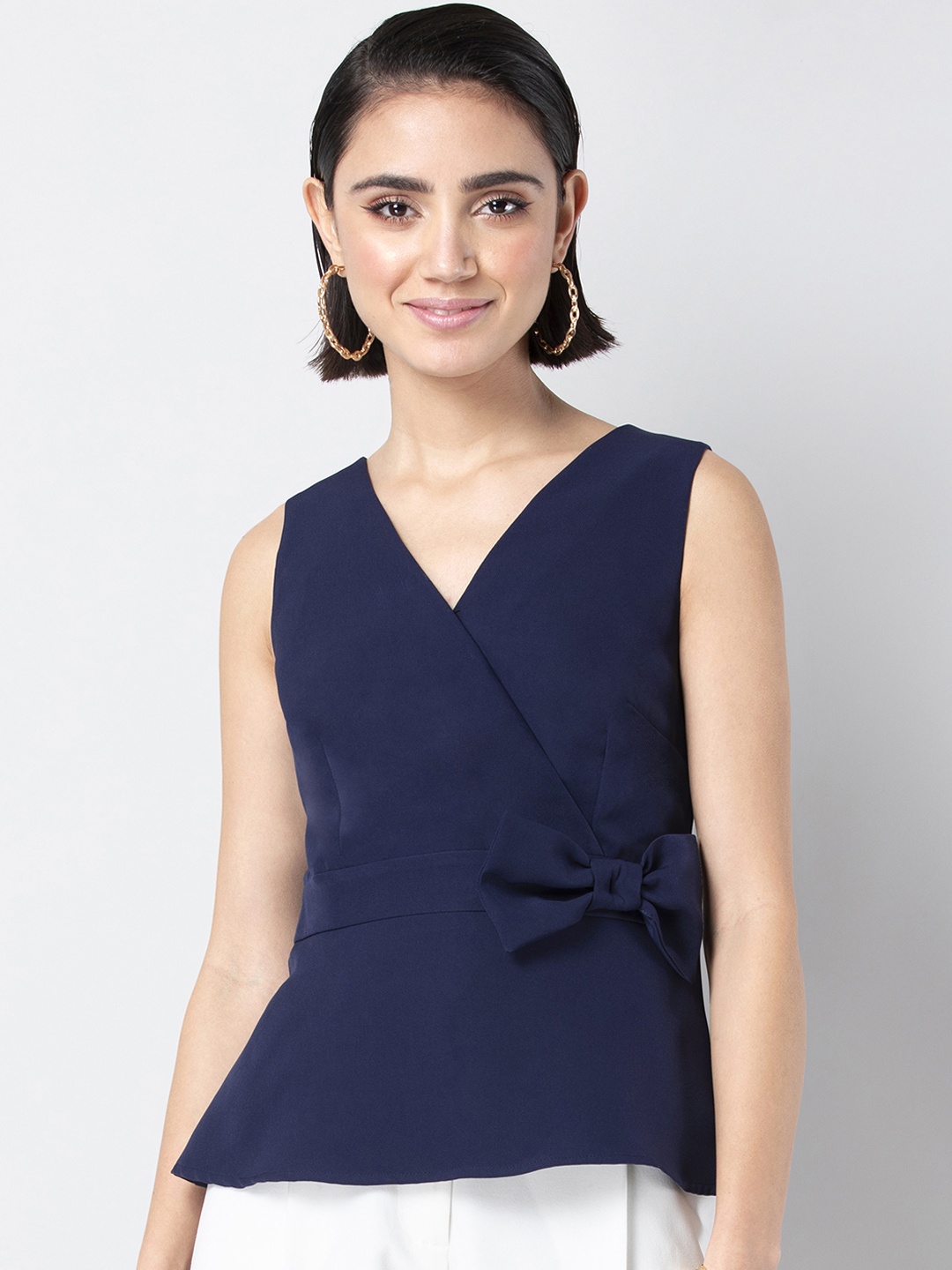 

FabAlley Women Navy Blue Solid Wrap Top