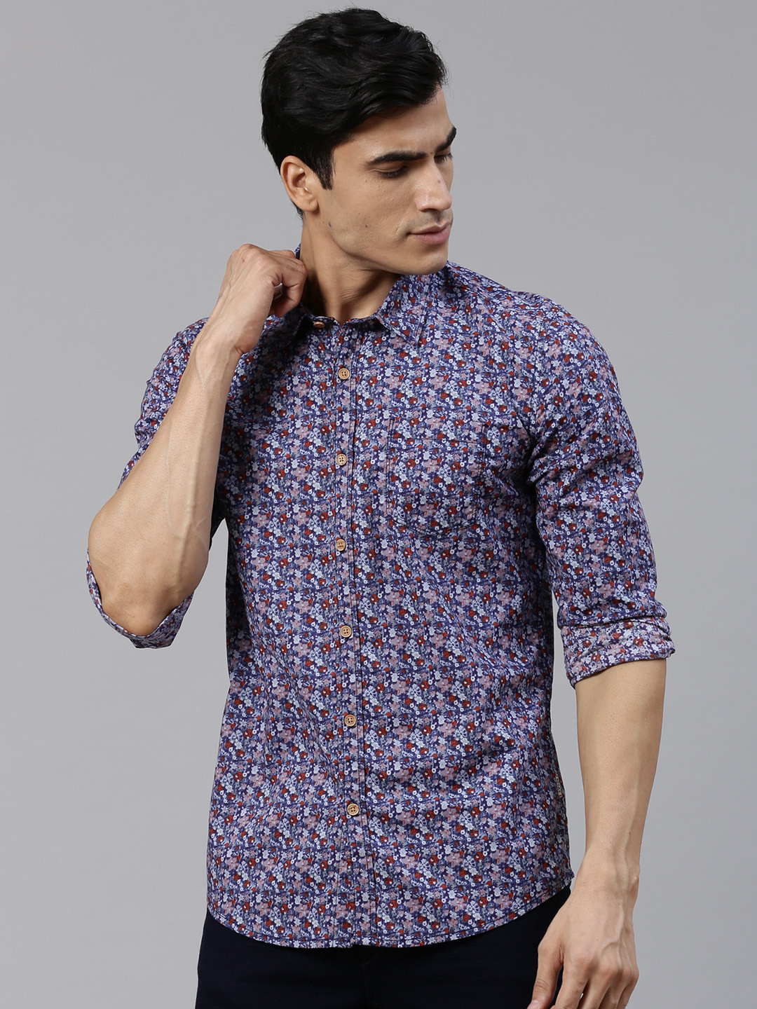 

BEAT LONDON by PEPE JEANS Men Blue & Red Slim Fit Floral Print Casual Shirt