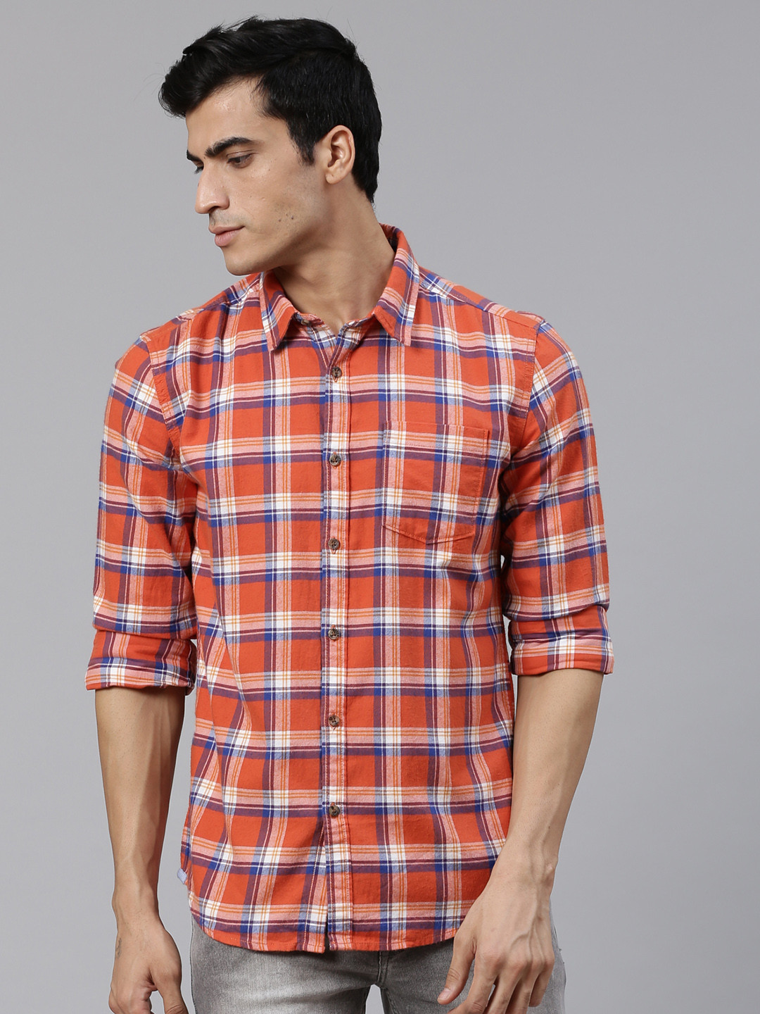 

BEAT LONDON by PEPE JEANS Men Orange & Off-White Slim Fit Checked Casual Shirt