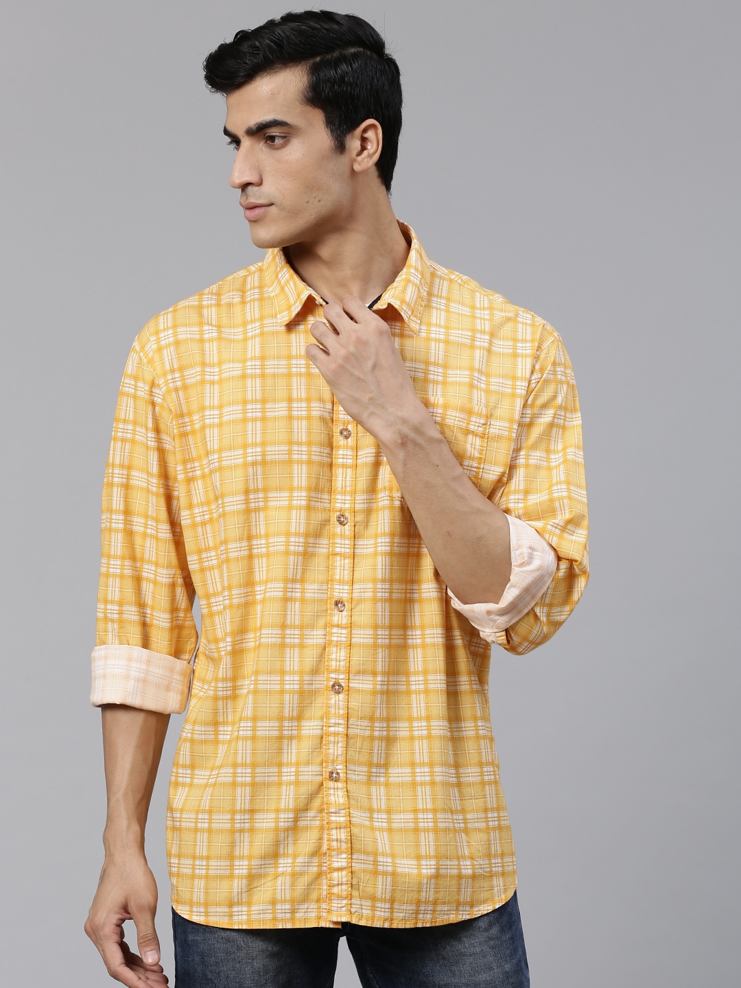 

BEAT LONDON by PEPE JEANS Men Mustard Yellow Slim Fit Checked Casual Shirt