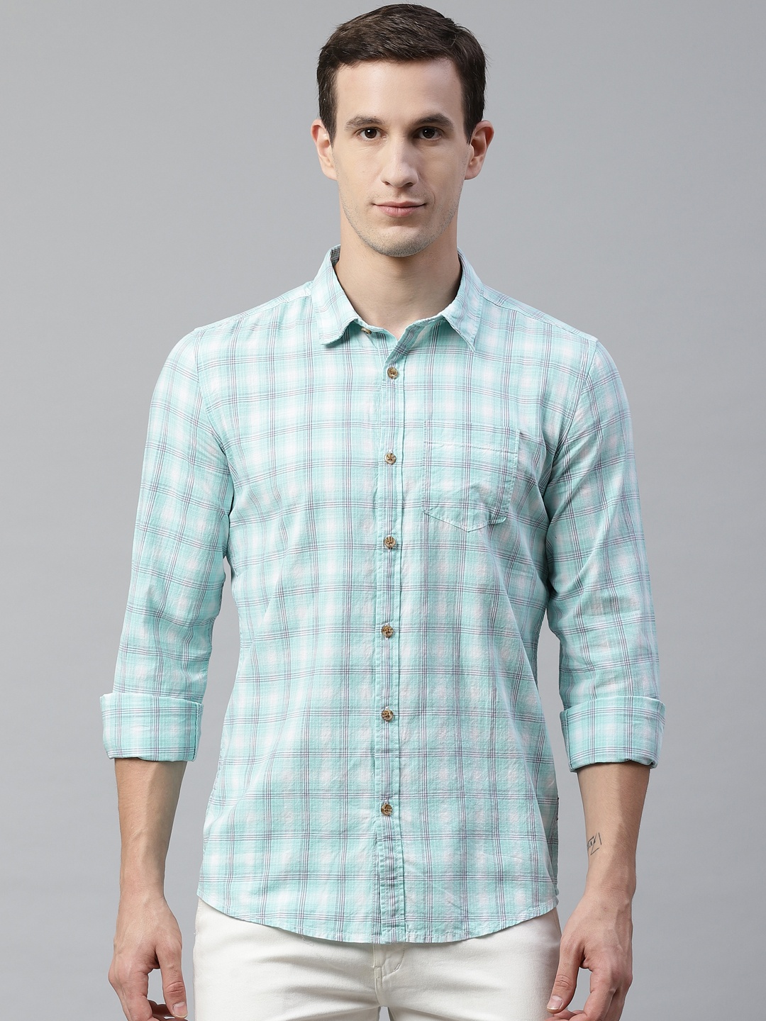 

BEAT LONDON by PEPE JEANS Men Sea Green & White Slim Fit Checked Casual Shirt
