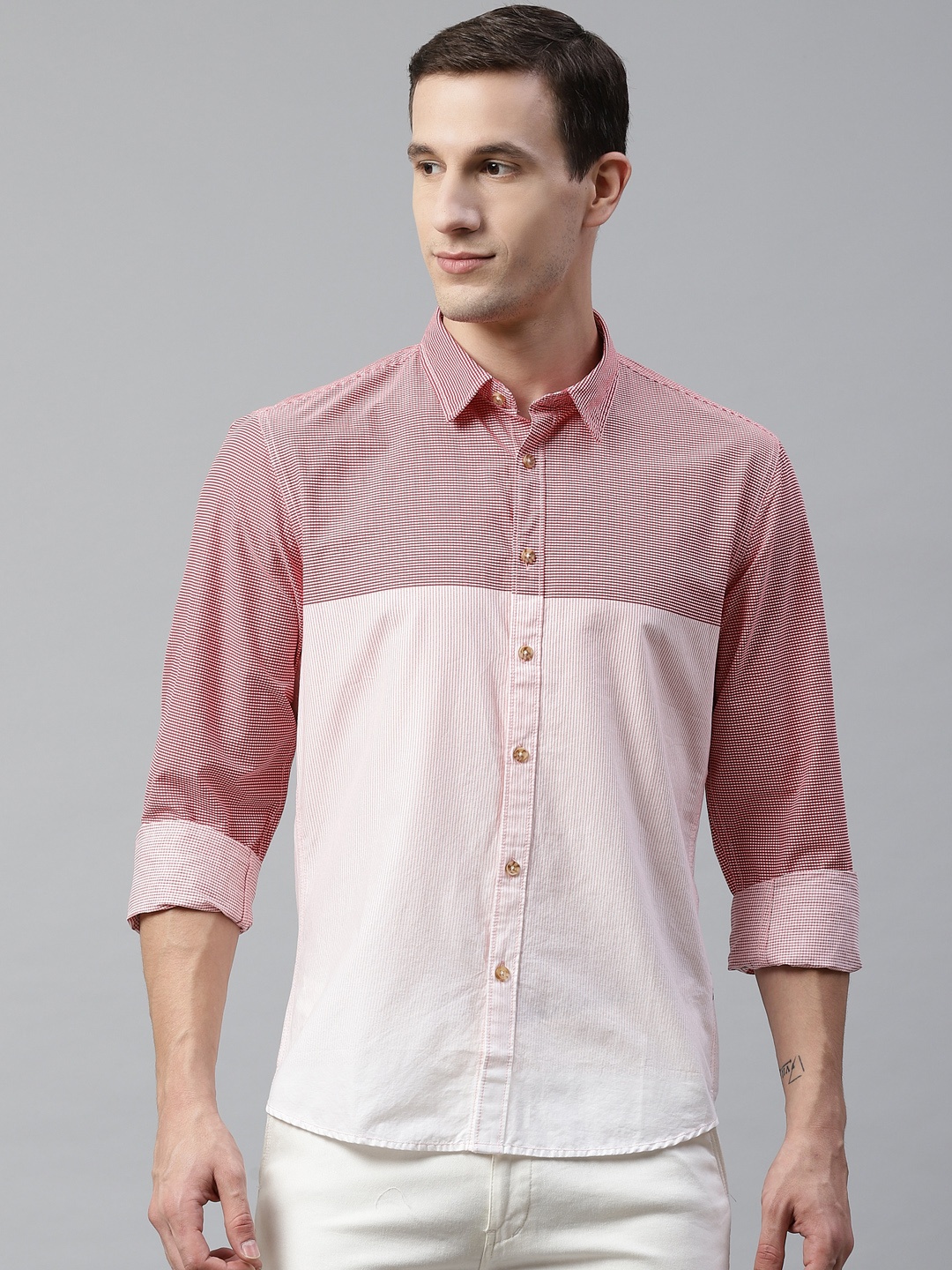 

BEAT LONDON by PEPE JEANS Men Pink & Red Slim Fit Colourblocked Casual Shirt