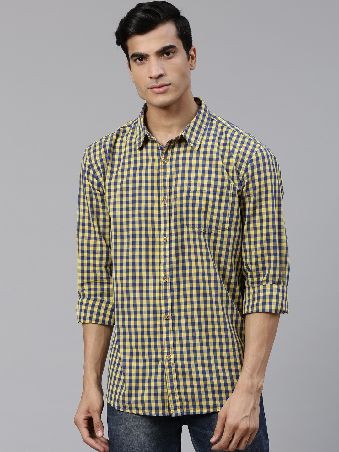 

BEAT LONDON by PEPE JEANS Men Yellow & Navy Blue Slim Fit Checked Casual Shirt