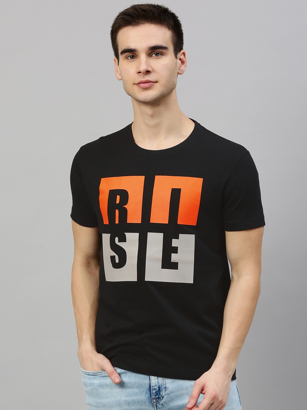

HERENOW Men Black Orange Printed Round Neck Pure Cotton T-shirt