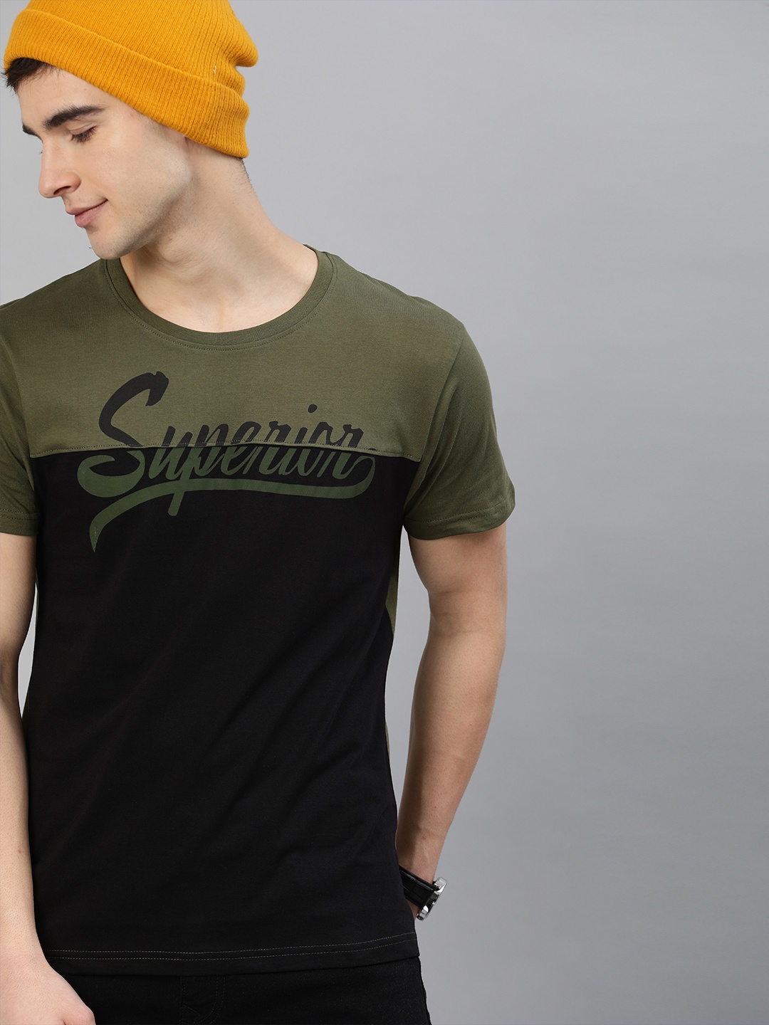 

HERENOW Men Black Olive Green Colourblocked Round Neck Pure Cotton T-shirt