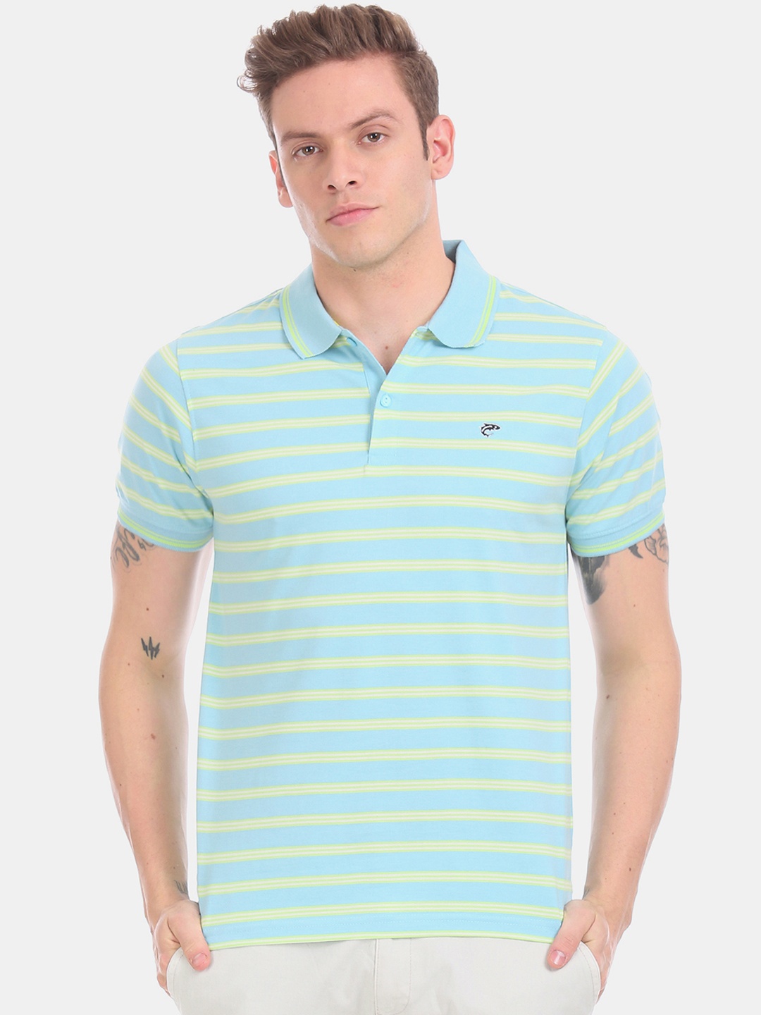 

Ruggers Men Turquoise Blue Striped Polo Collar T-shirt