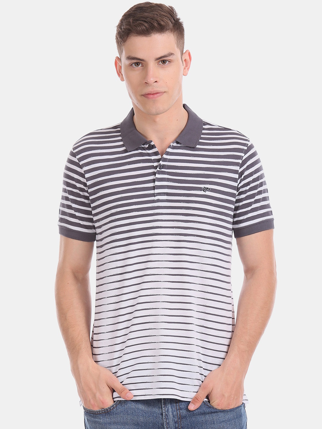 

Ruggers Men White & Grey Striped Polo Collar T-shirt