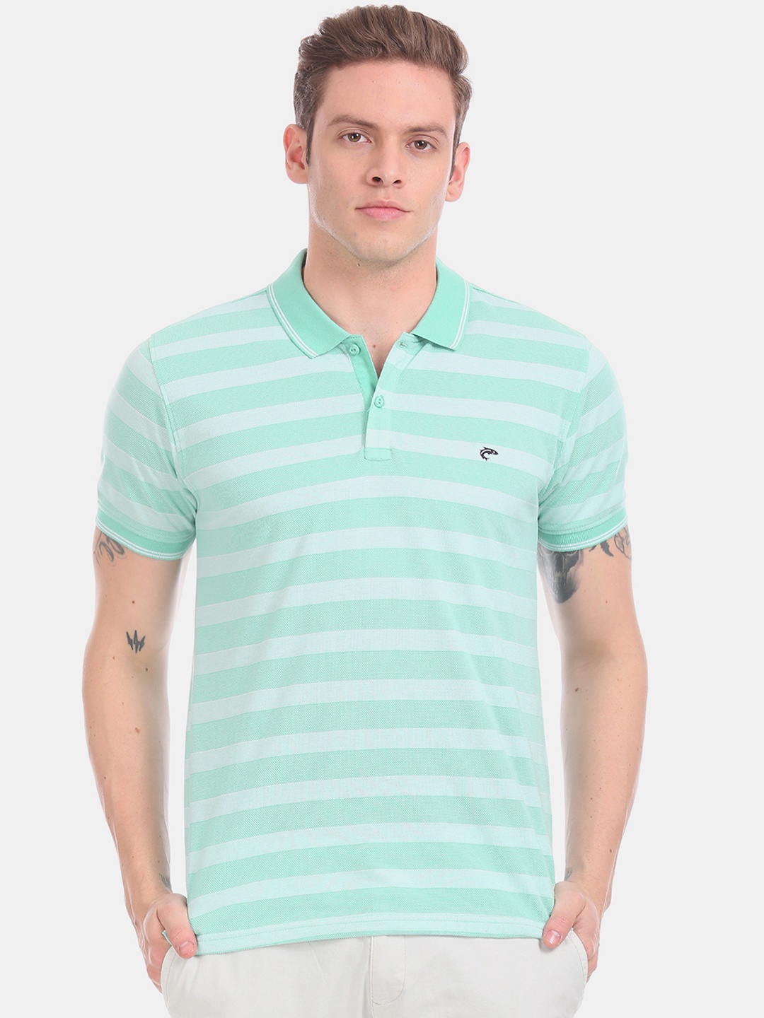 

Ruggers Men Sea Green & White Striped Polo Collar T-shirt