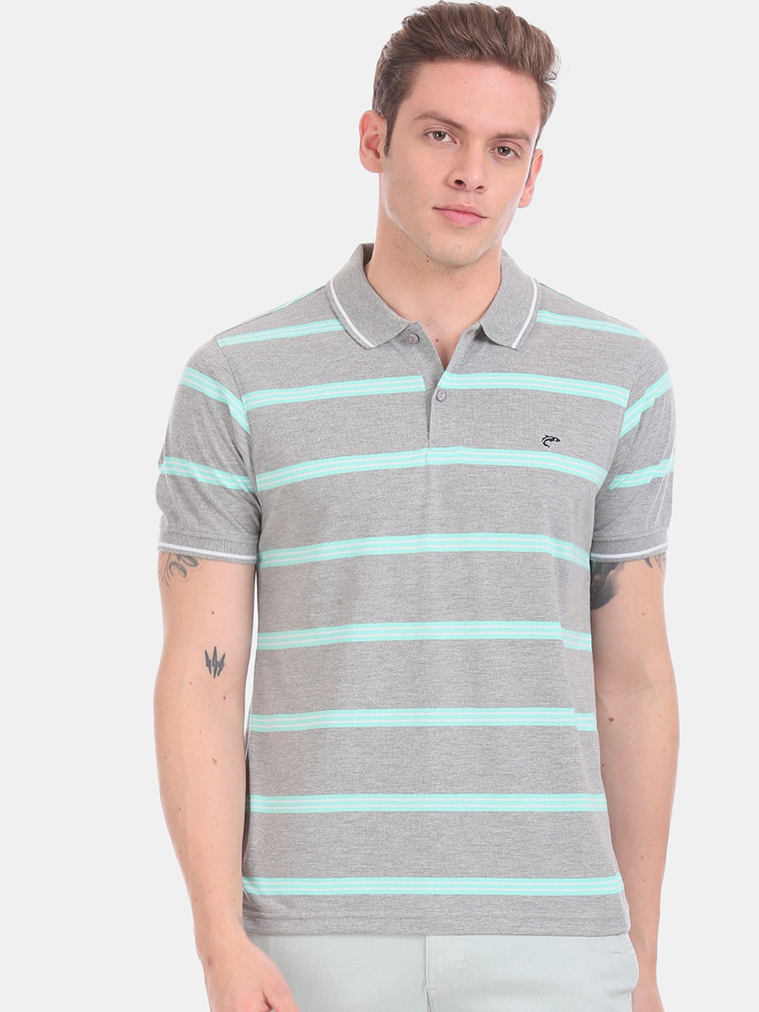 

Ruggers Men Grey & Turquoise Blue Striped Polo Collar T-shirt