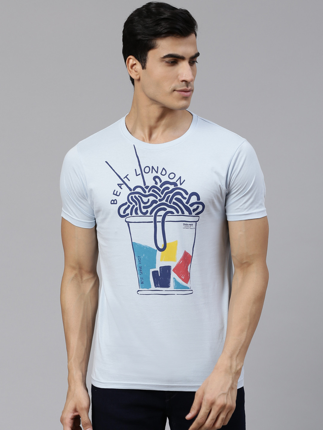 

BEAT LONDON by PEPE JEANS Men Blue Printed Round Neck Pure Cotton T-shirt