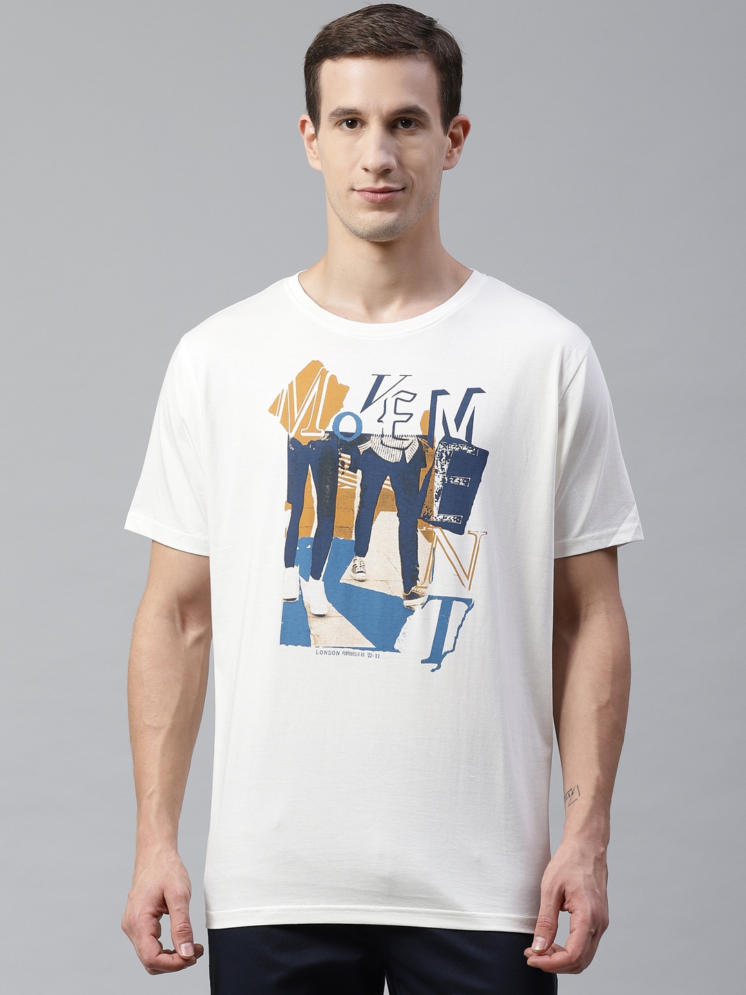 

BEAT LONDON by PEPE JEANS Men White Blue Slim Fit Printed Round Neck Pure Cotton T-shirt