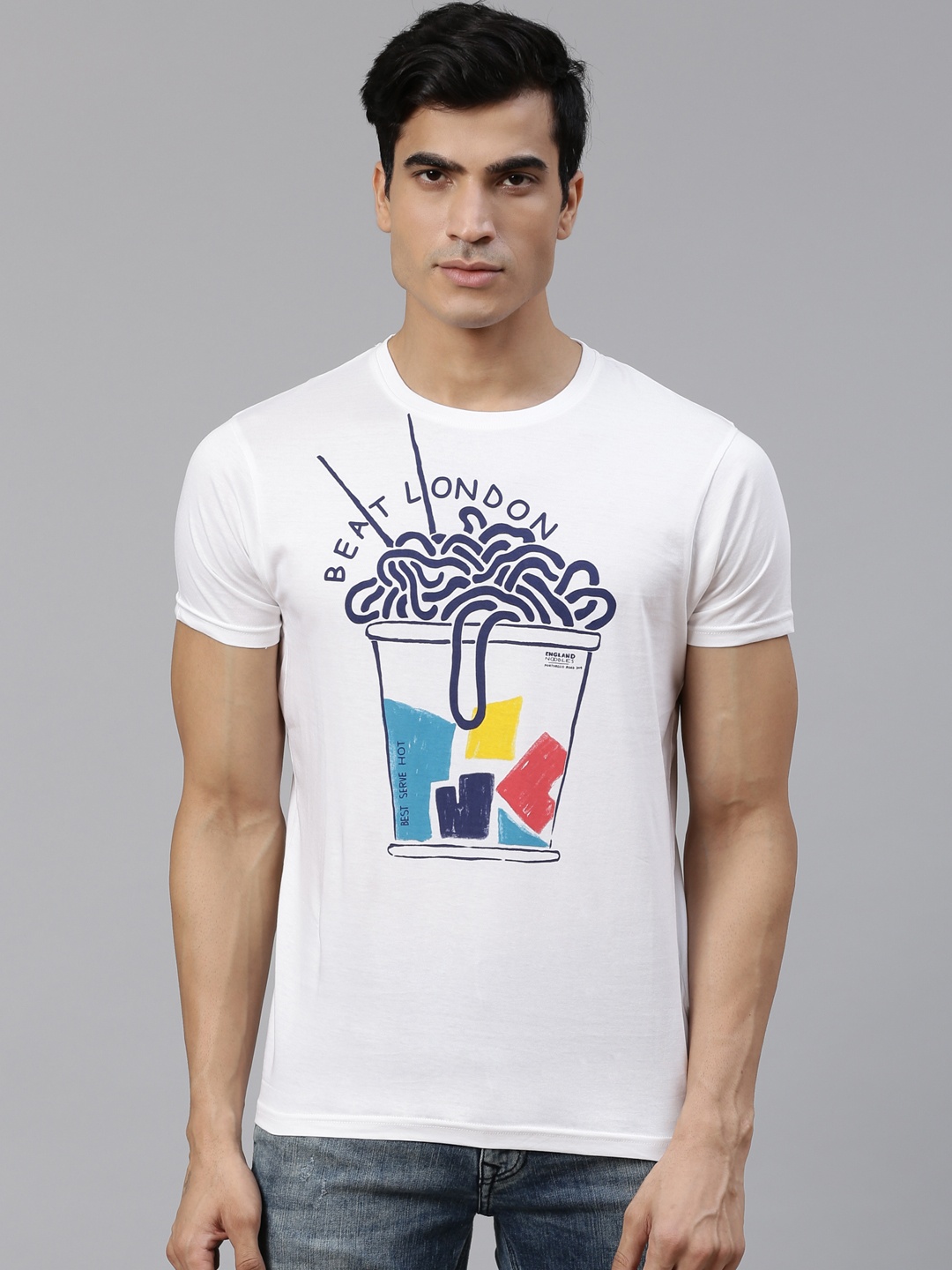 

BEAT LONDON by PEPE JEANS Men White & Navy Blue Slim Fit Printed Round Neck T-shirt