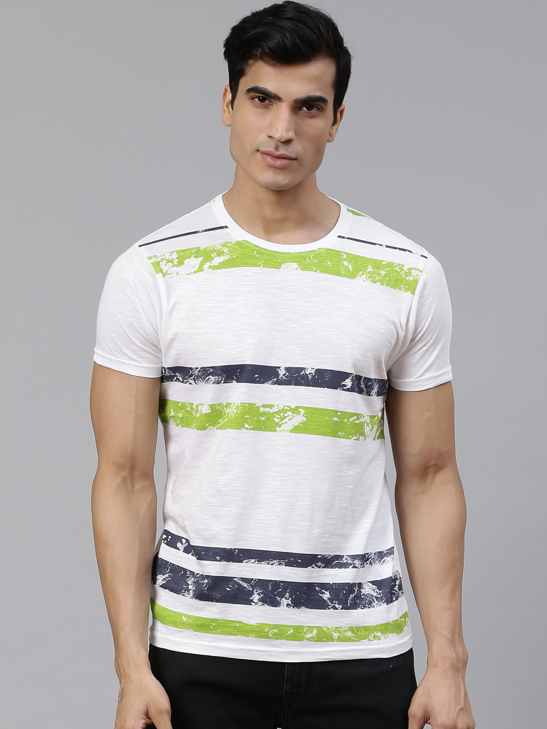 

BEAT LONDON by PEPE JEANS Men White & Green Striped Round Neck T-shirt