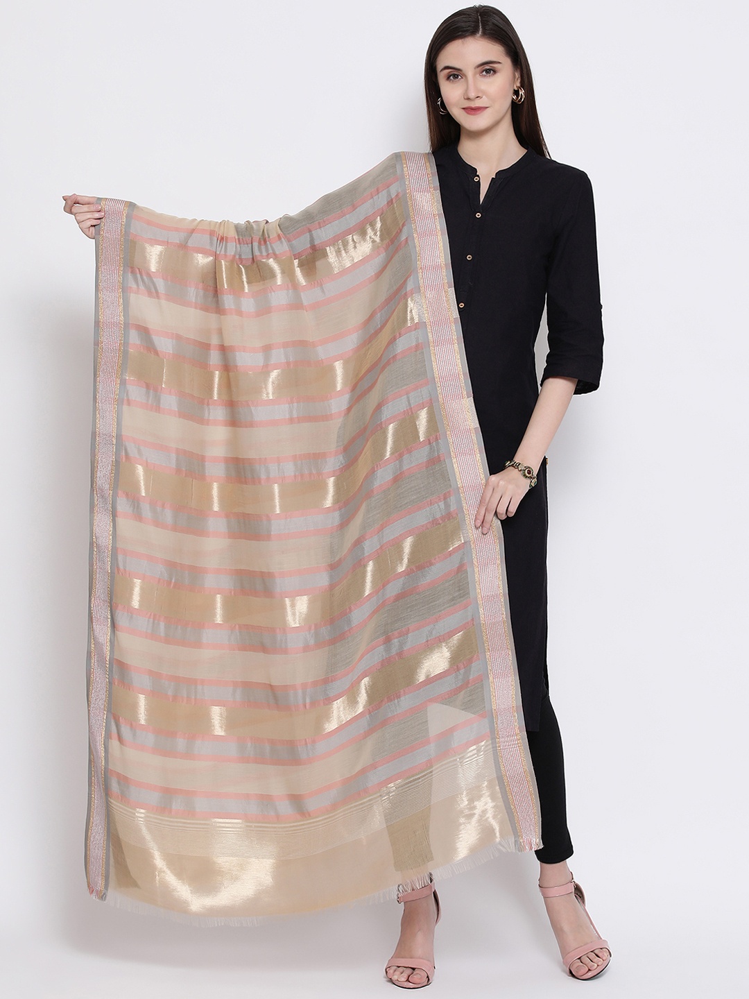 

SHINGORA Beige & Gold-Coloured Striped Antimicrobial Dupatta