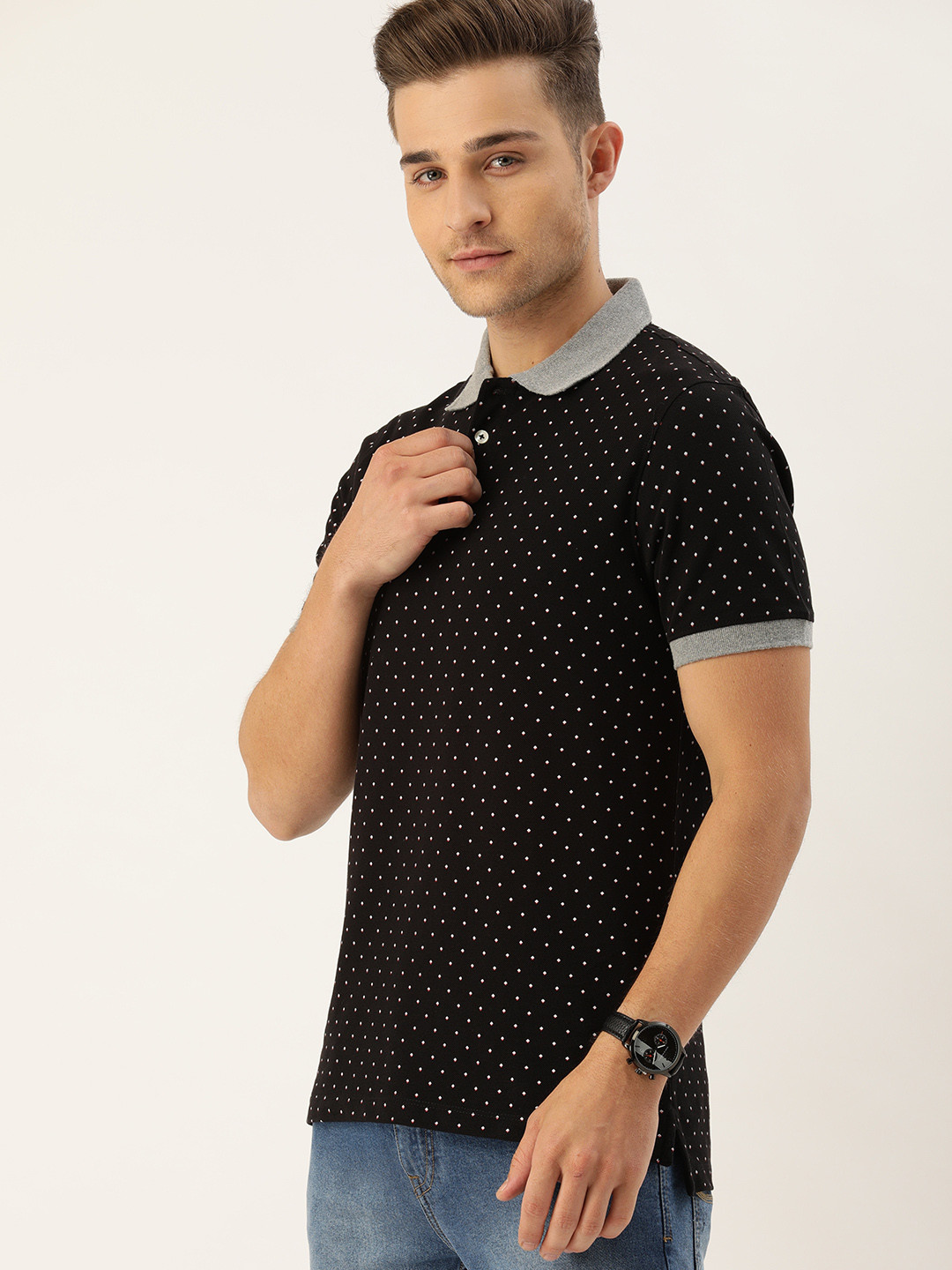 

INVICTUS Men Black White Printed Polo Collar Pure Cotton T-shirt