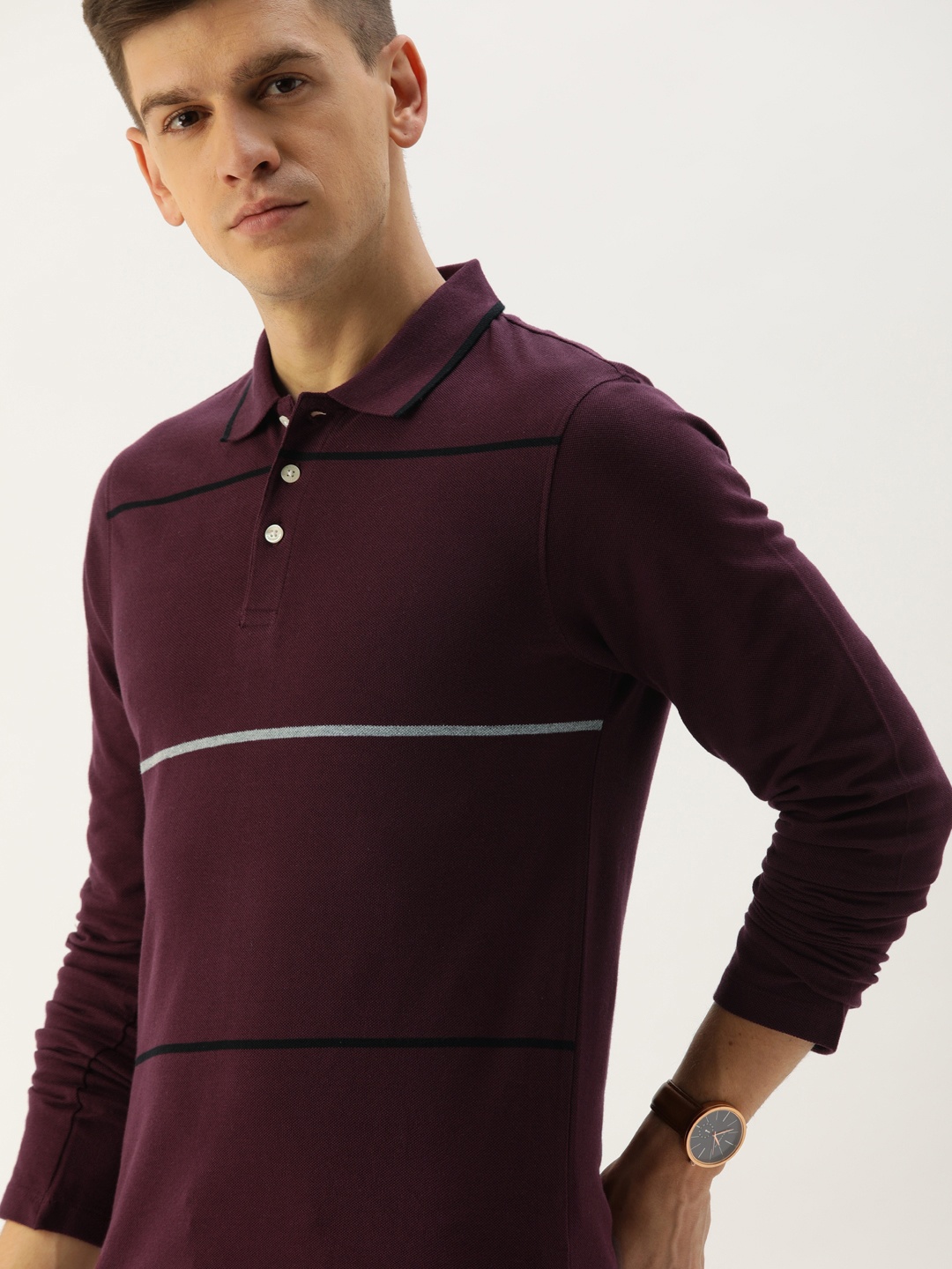 

INVICTUS Men Burgundy White Slim Fit Striped Polo Collar Pure Cotton T-shirt