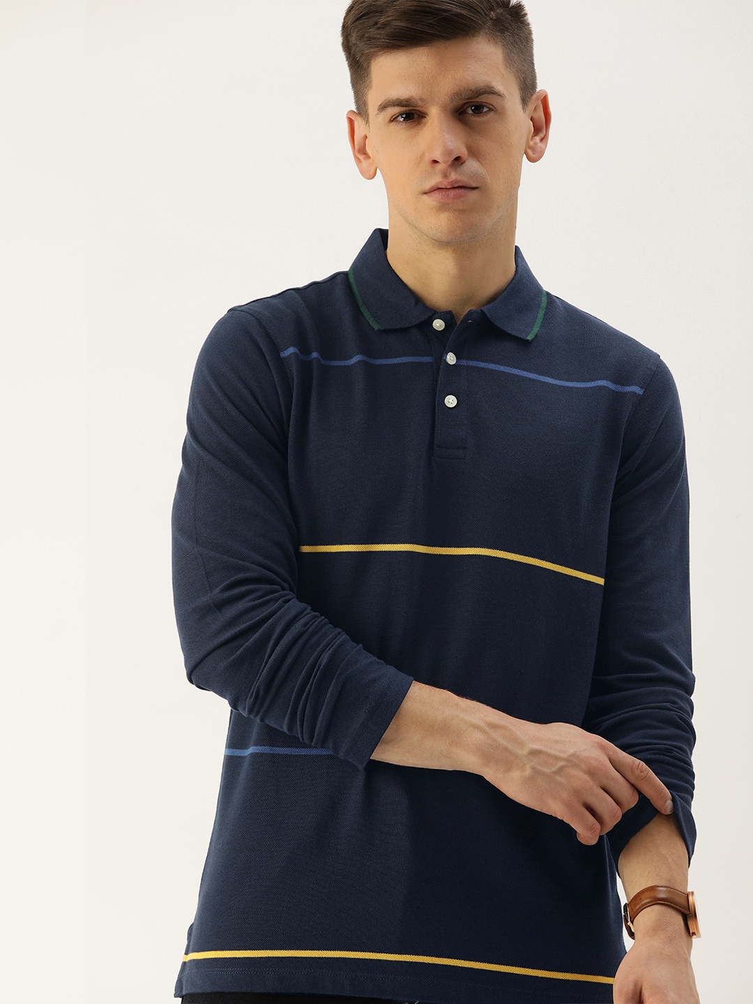 

INVICTUS Men Navy Blue Yellow Slim Fit Striped Polo Collar Pure Cotton T-shirt