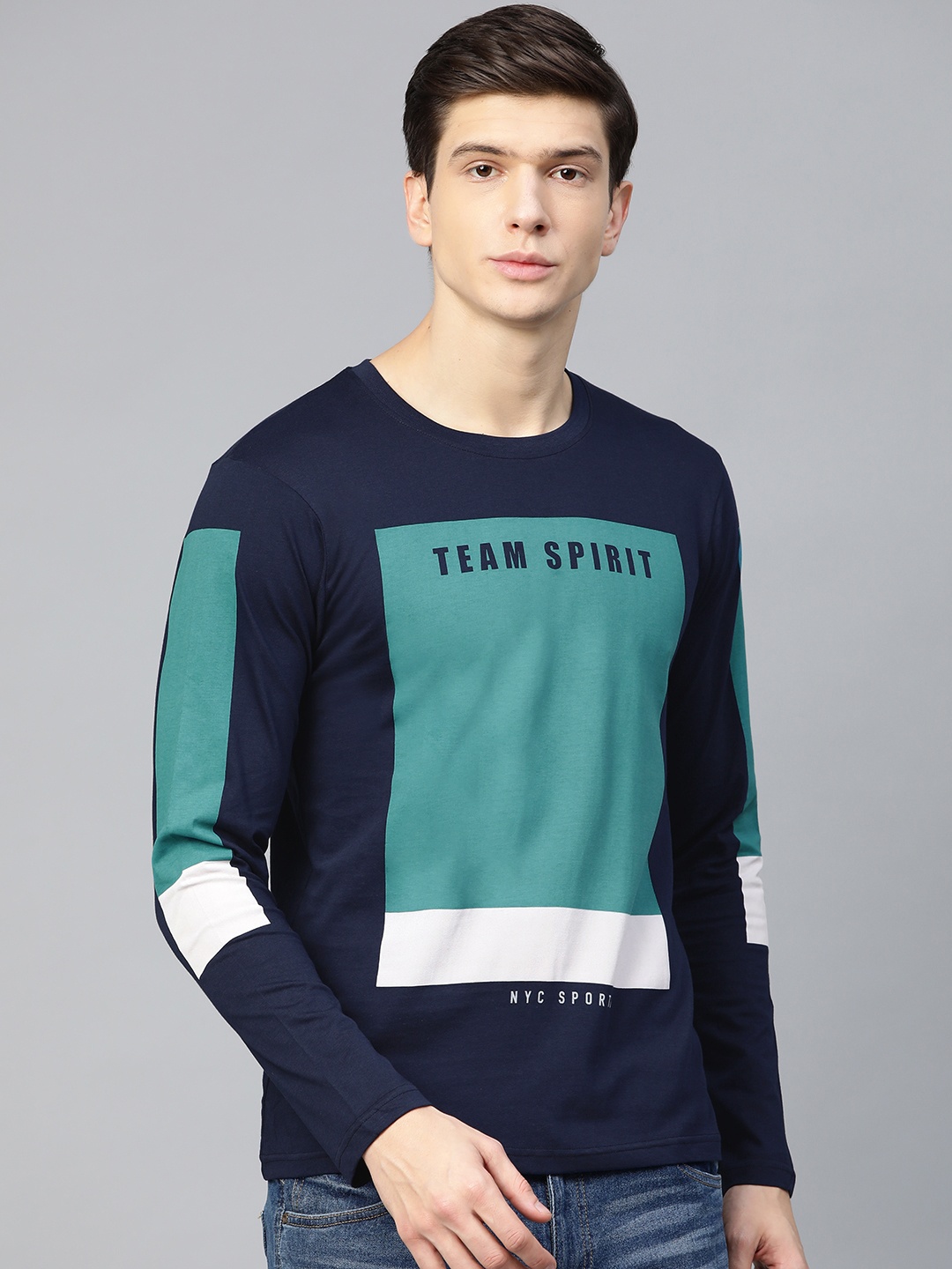 

Moda Rapido Men Navy Blue Teal Green Colourblocked Round Neck Pure Cotton T-shirt