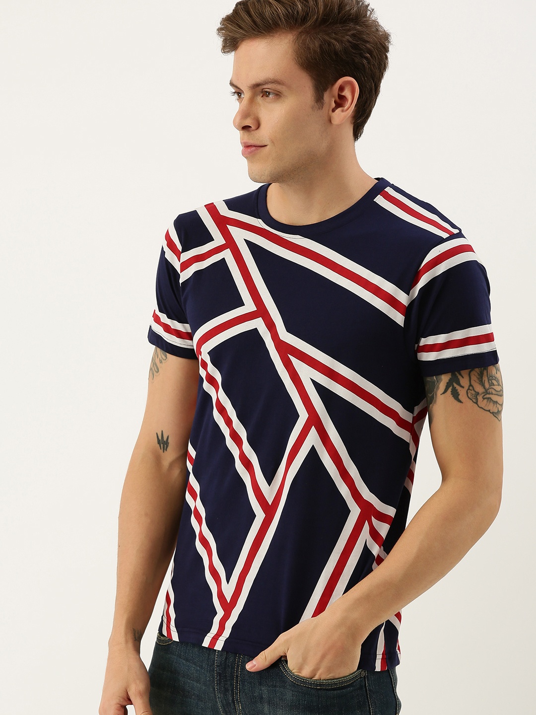 

Moda Rapido Men Navy Blue Printed Round Neck Pure Cotton T-shirt