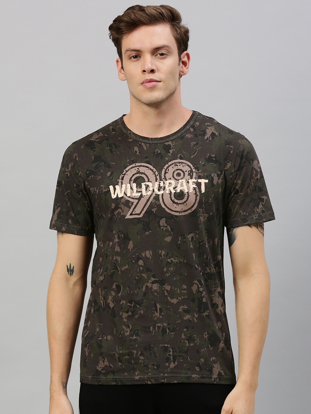 

Wildcraft Men Olive Green Brown Camouflage Printed Round Neck Pure Cotton T-shirt